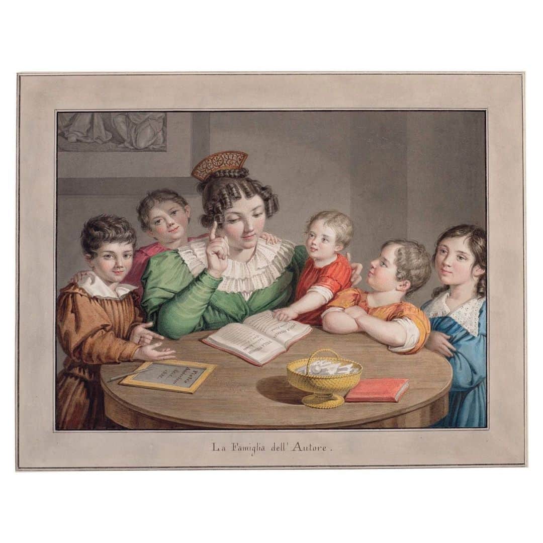 クリスティーズのインスタグラム：「Homeschooling goals.  .⠀ Pietro Anderloni studied in Milan and became renowned for his fine portraits and for engraved reproductions of the works of Italian Renaissance artists such as Raphael and Titian. This drawing of his own family was probably executed by Anderloni for his own pleasure and never intended for translation into a print.⠀ .⠀ Around the table sits Felicita Negri, who married the artist eight years earlier in 1824, and the couple's five children. The fine execution of the watercolor suggests the artist's meticulous mastery of the medium.⠀ .⠀ Pietro Anderloni (Brescia 1785-1849 Cabiate), 'The family of the artist'. Estimate: $3,000-5,000.⠀ .⠀ Old Master & British Drawings including property from The Cornelia Bessie Estate — 14-28 January, online⠀ .⠀ #art #artist #anderloni #oldmasterdrawings #britishdrawings #americanaweek #corneliabessie #fragonard #liotard #greuze #romano #scamozzi #siberecht #tiepolo #troost #rembrandtschool」