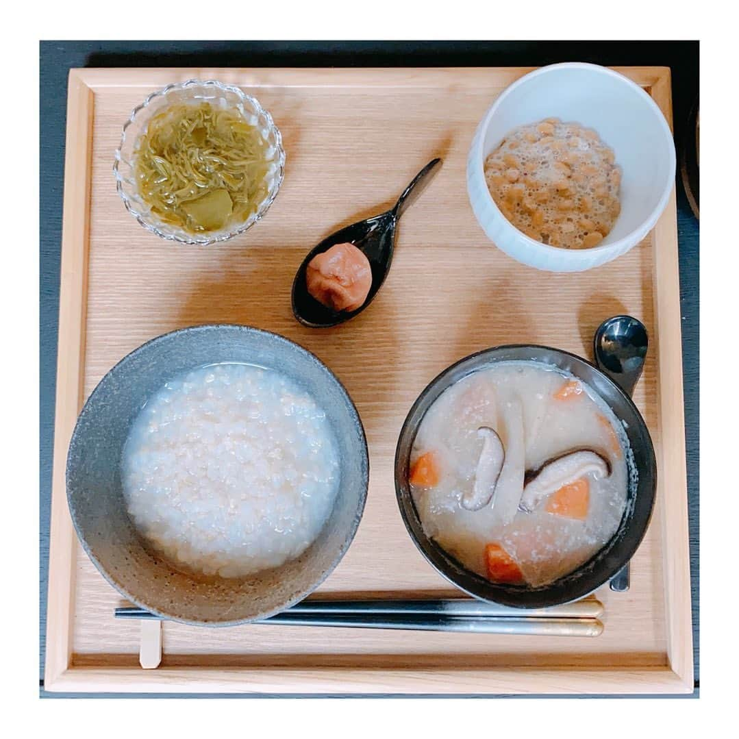 植田早紀さんのインスタグラム写真 - (植田早紀Instagram)「【胃腸に優しいお昼ご飯】 回復食3日目は ・玄米粥 ・大根、にんじん、こんにゃく、ごぼう、しいたけのお味噌汁 ・梅干し ・雌株 ・納豆  玄米は12時間浸漬させ炊飯し、お水を入れトロトロになるまで煮込み、お米味噌汁のお味噌は麹たっぷりの生味噌を使用しました。  低GI値の食材で 急激な血糖値上昇を抑えます。  #お腹に優しいご飯  #回復食  #ファスティング #酵素ファスティング #体質改善  #gi値 #栄養士の卵」1月26日 14時16分 - sakipersil