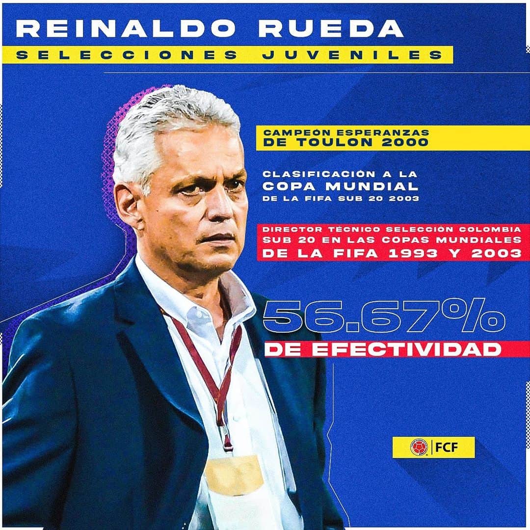 サッカー コロンビア代表チームのインスタグラム：「#BienvenidoProfe   Estos son algunos de los logros de nuestro nuevo técnico @oficialreinaldorueda dirigiendo a las Selecciones Colombia juveniles a lo largo de su carrera  #VamosColombia 🇨🇴」