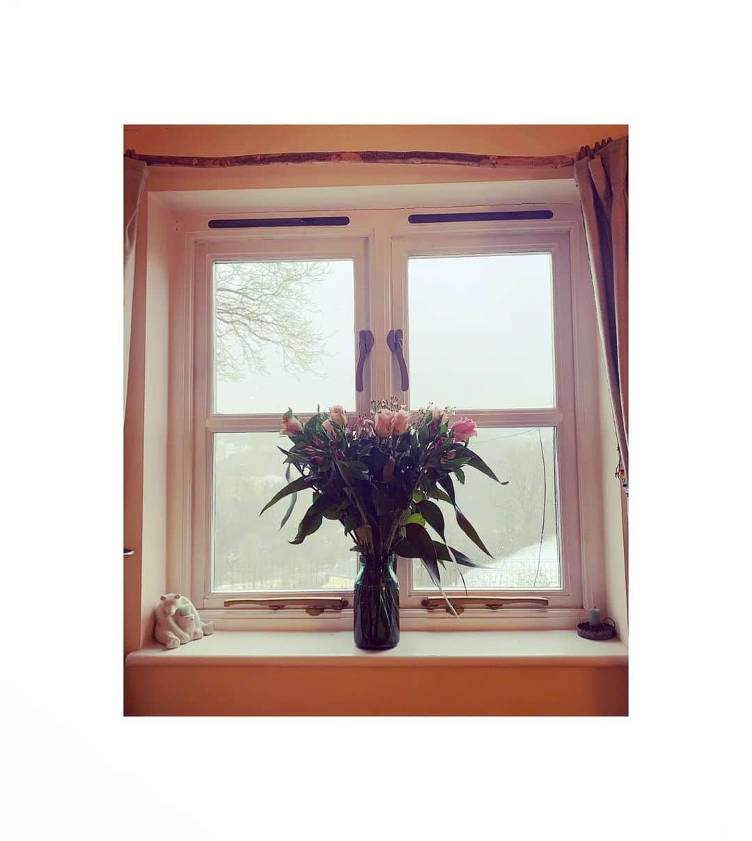 ダイアナ湯川のインスタグラム：「Our grey day, lifted and brightened by these beautiful flowers, so kindly gifted every month by the lovely @vivianlsy 💐 Thank you for this generosity & thoughtfulness! ❤️ . . . . #flowers #thankyou #friendship #grateful #happiness #covidlife #lockdown #winterislong #gift」