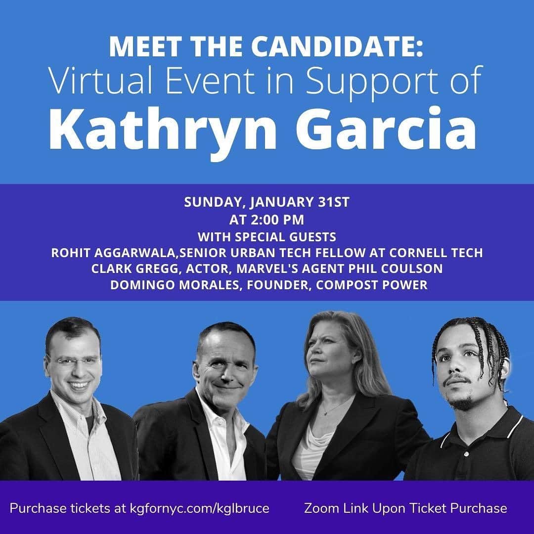 クラーク・グレッグのインスタグラム：「Repost • @kgfornyc Hey #KathrynKrew! Mark your calendars because **this Sunday** we're hosting a fundraiser with my superhero cousin @clarkgregg (literally, my cousin is Marvel’s Agent Coulson - what can I say? duty to serve runs in the fam), Environmental Activist and founder of @CompostPower Domingo Morales, and Senior Urban Tech Fellow at @CornellTech Rohit Aggarwala ⁠ ⁠ You don’t want to miss this so get your tix today @ kgfornyc.com/kglbruce (link in bio) ⁠ ⁠ #KGforNYC #PracticalProgressive #GettingThingsDone」
