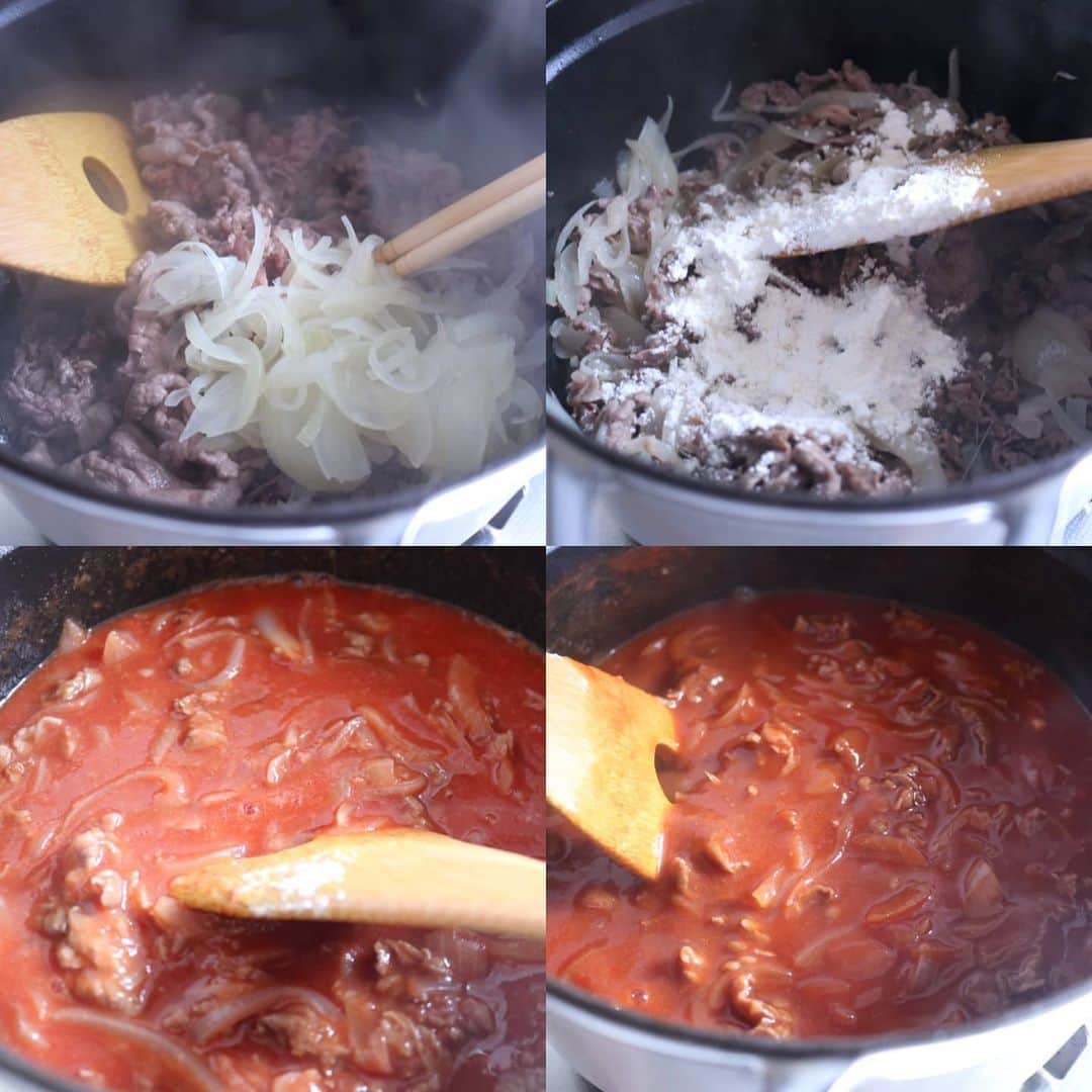 yunaさんのインスタグラム写真 - (yunaInstagram)「♩ #レシピあり #まとめて投稿 #ひとりごはん . . 🍚トマトジュースで簡単ハヤシライス(レシピ↓) 温野菜 ハムとたまごのサラダ 白菜と人参のスープ みかん🍊 . . 🍚オムハヤシ お味噌汁 カリフラワーのピクルス 魚のすり身フライ チョコプリン&フルーツ🍇 . . . ルゥなしで作る 簡単ハヤシライスレシピです↓ . . よかったら参考にしてください😊 . . . 🍳【トマトジュースで簡単ハヤシライス】  🥕材料 牛肉の小間切れ　２００ｇ 玉ねぎ　1個 〇無添加トマトジュース　５００ｍｌ 〇赤ワイン　５０ｍｌ 〇ケチャップ　大さじ２ 〇ウスターソース　大さじ２ 〇顆粒コンソメ　大さじ１ 〇砂糖　大さじ1/2 バター　大さじ１ サラダ油　大さじ１ 薄力粉　大さじ２ 塩コショウ　少々 茹でグリーンピース　適量 白ご飯　適量  🥕つくりかた ①玉ねぎは薄切りにして耐熱ボウルに入れ、ふんわりとラップをする。レンジ６００ｗで3分ほど加熱する。牛肉は塩コショウをまぶしておく。 ②鍋を熱してサラダ油を入れて牛肉を炒める。 ③肉の色が変わってきたら玉ねぎを入れて炒める。 ④バターを入れ、溶けたら薄力粉を入れて粉っぽさが無くなるまで炒める。 ⑤④に〇を入れる。沸騰したら中火で７分ほど煮込む。味を整えたら出来上がりです♪ご飯にかけて、お好みで茹でグリーンピースを入れてくださいね。 . . #yunaご飯#igersjq#今日のごはん#食卓#yummy#お家ごはん#foodstagram#lin_stagrammer#delistagrammer#Japanesefood#デリスタグラマー#クッキングラム#クッキングラムアンバサダー#タベリー#フーディーテーブル#てづくりごはん365#おうちごはん#おうちごはんlover#Japan#マカロニメイト#夜ごはん#晩ごはん#小石原焼#翁明窯元#レシピ」1月26日 18時25分 - yuna921