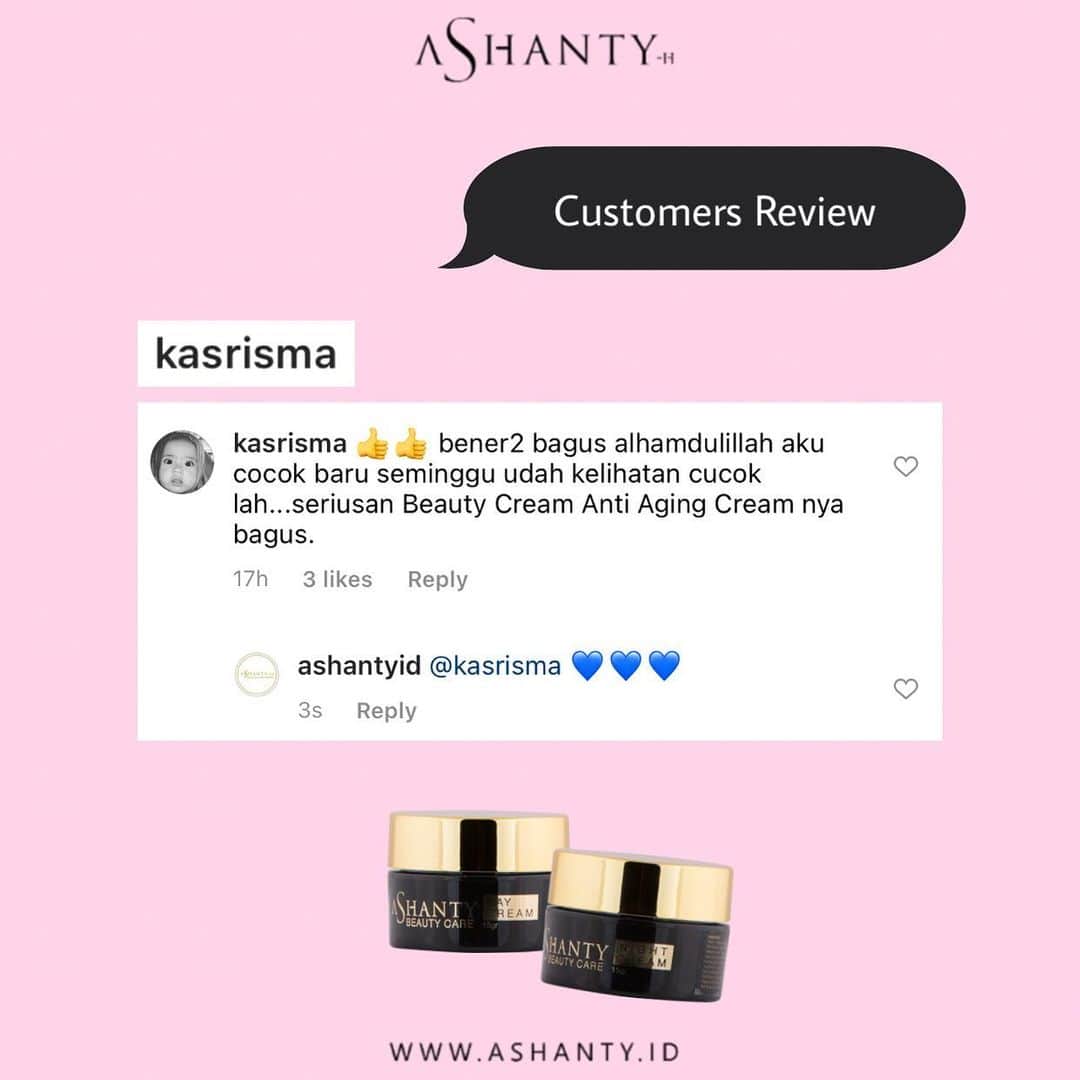 ASHANTY BEAUTY CREAM OFFICIALのインスタグラム：「Customer Review Anti Aging Cream Series 🖤🌸 Anti Aging Cream Series cocok digunakan untuk usia 21 tahun keatas untuk mencegah timbulnya tanda penuaan dini seperti kerutan, flek hitam dan garis halus. Anti Aging Cream Series by Ashanty juga bermanfaat untuk mencerahkan, melembutkan dan melembabkan kulit wajah ✨  _________________________________ Informasi dan pemesanan : WA: 087778489900 WA: 081287388885 WA: 085781140354 WA: 081293823950 FAST RESPONS CLICK LINK yang ada di Bio IG @ashantyid  _________________________________ #creamwajag #beauty #cosmetics #brandlocal #skincare #skincarelocal #thehermansyah #beautyvlogger #beauty #kosmetikmahal #ashantyid #keluargaasix #ashantyhermansyah #mua」