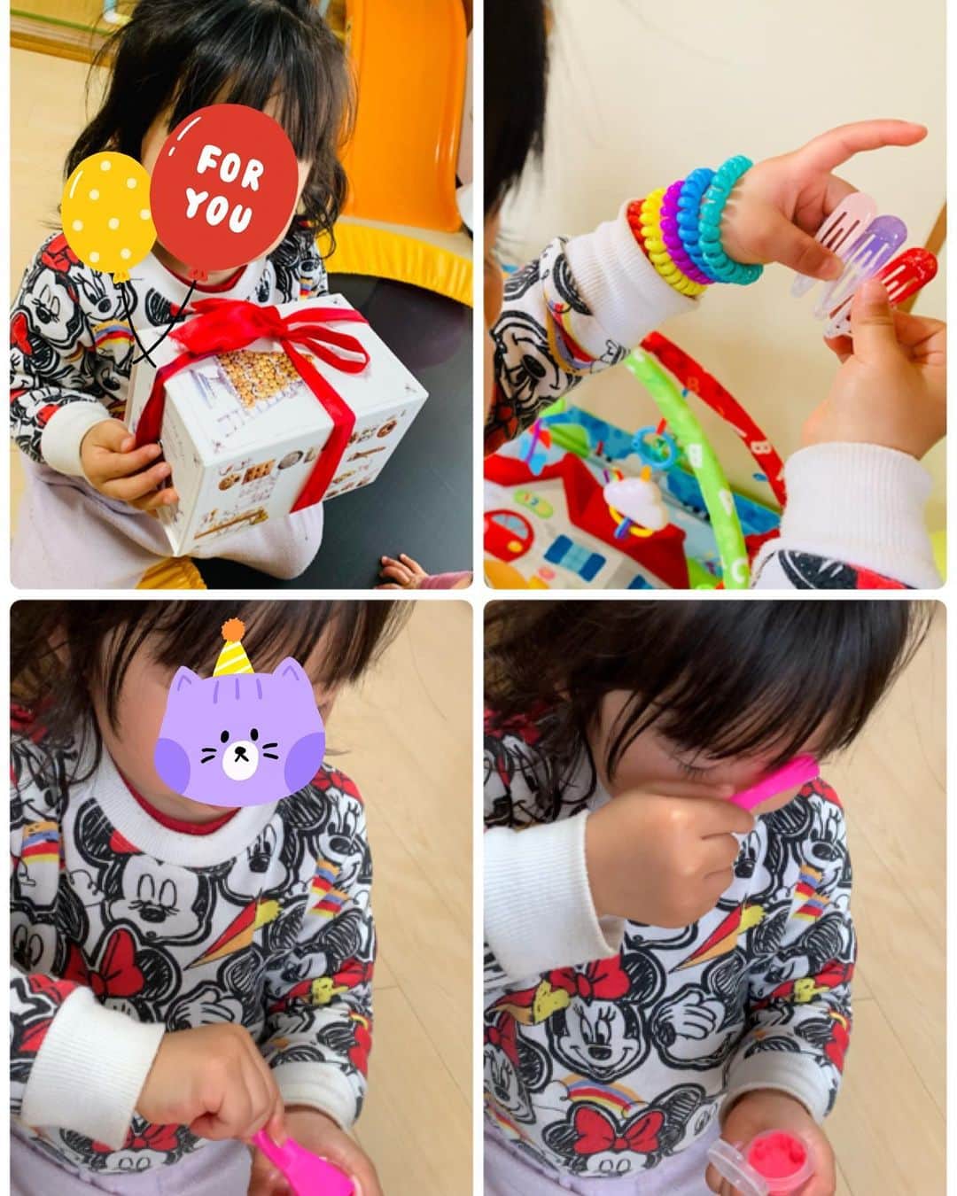 横山愛子のインスタグラム：「ちょっと早めの3歳誕生日、プレプレゼント🎁本物は当日にちゃんとあげるけど^ ^ お家時間が長いし、いよいよ母子別の幼稚園が始まるので…頑張れ❣️の思いを込めて、メイクボックス🧰を作りました😁 ダイソーで買ったり、アイシャドウはシールフェルトを貼って作ったり❗️❗️ 大人にとってはガラクタみたいでも、子供にとっては楽しいおもちゃになりました❤️ とっても喜んでくれて、ずっとお化粧したり、櫛で髪の毛とかしたりしてる😄 わたしにもぬりぬりしてくれました(^ ^)  最近は恐竜にドハマり中🥰ダイソーにパズルがあって即決🤣  いよいよ3歳❗️そして幼稚園児❗️ 4月生まれの子と比べると、約１年違うから…まだまだ赤ちゃんだけど💦 たくましく育ってくれー〜(^｡^) #プレ誕生日プレ #自作メイクボックス #ダイソー #2歳11ヶ月 #1歳2ヶ月 #2歳差育児 #子供のいる暮らし」