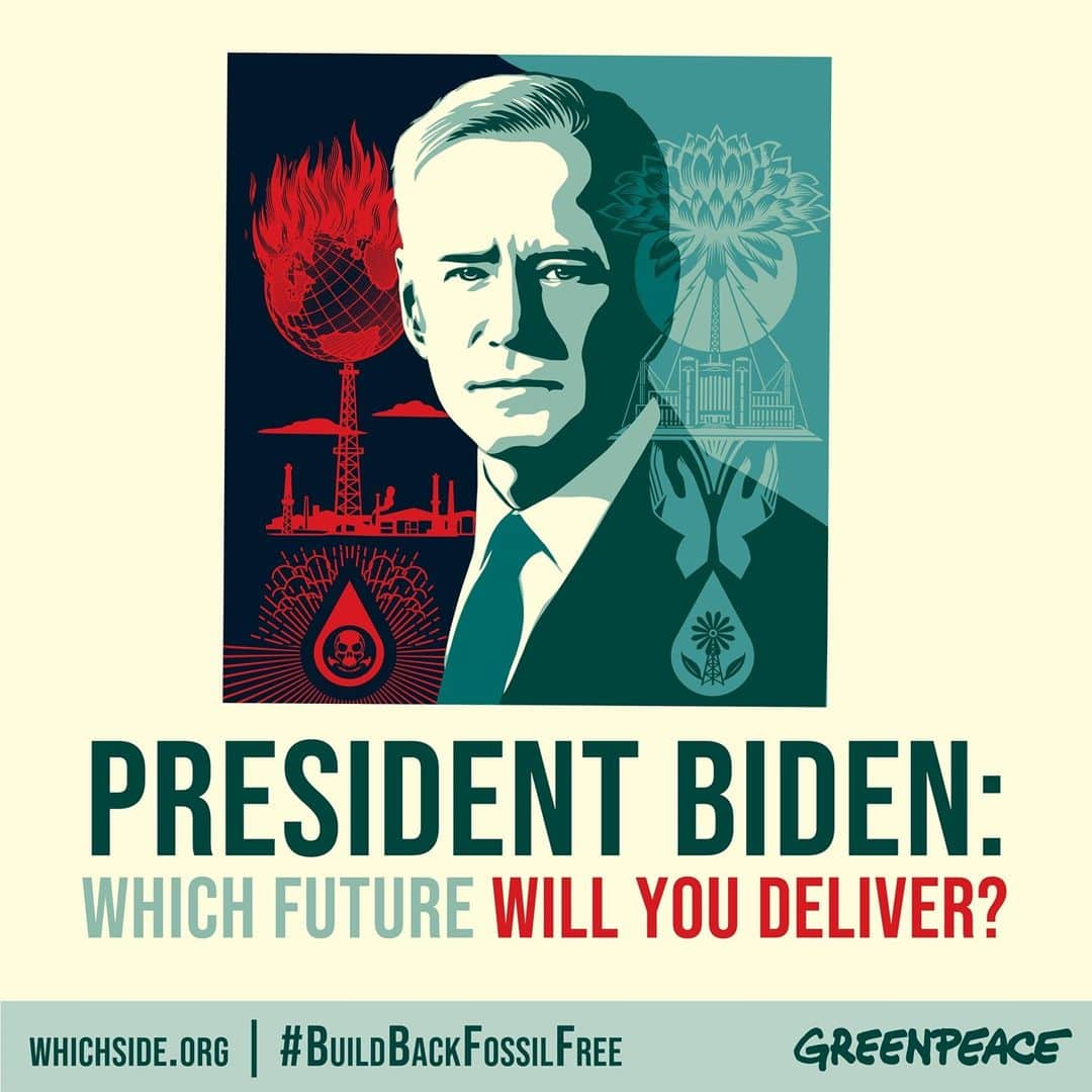 Shepard Faireyさんのインスタグラム写真 - (Shepard FaireyInstagram)「I’m proud and honored to be working with @greenpeaceusa to demand bold climate action. I created this portrait of @joebiden in collaboration with Greenpeace USA to urge @POTUS to take the action that justice and science demand! It’s great that Biden said #NOKXL pipeline on day one, but reversing Trump’s damage isn't enough. It’s time to take on Exxon, Shell, Chevron, BP, & the rest of the corporate polluters responsible for the climate crisis. Visit whichside.org (link in bio) to learn more.⁠ -Shepard⁠ ⁠ #BuildBackFossilFree #GreenpeaceUSA #Greenpeace #JoeBiden #POTUS #obey #obeygiant #shepardfairey⁠」1月26日 23時02分 - obeygiant