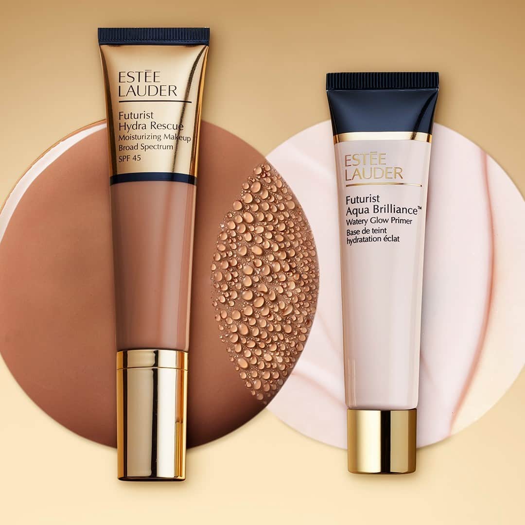 エスティローダーのインスタグラム：「#Futurist Hydra Rescue Makeup + #Futurist Aqua Brilliance Watery Glow Primer = Our ultimate #primer + #foundation #PowerPair! 🤝 Help your makeup glow and apply smoothly for perfectly hydrated skin. Tap to shop #FuturistPrimer + #FuturistFoundation 💞」