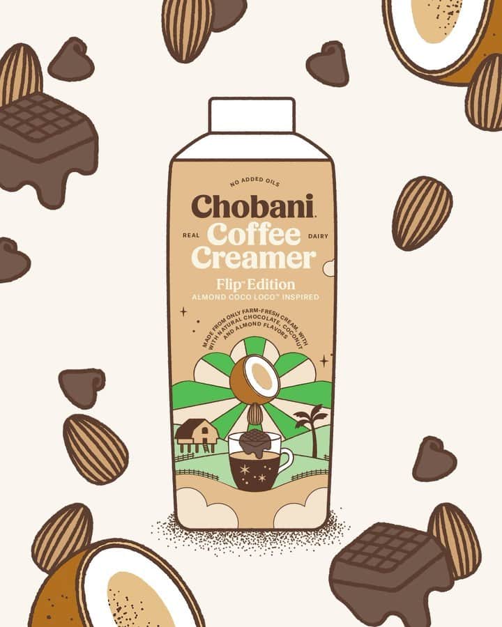 Chobaniのインスタグラム：「Fan-favorite Flip Almond Coco Loco inspires our newest Coffee Creamer flavor. Real cream, no added oils, and only natural flavors of chocolate, coconut, and almond transform your morning cup, and transport *you* to a tropical oasis—without leaving the kitchen 🌴. Comment 🥥 if you can’t wait to try it.」