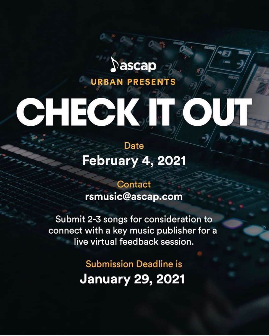 ASCAPさんのインスタグラム写真 - (ASCAPInstagram)「Wanna get feedback on your music from a key music publisher?  Submit 2-3 songs to rsmusic@ascap.com by this Friday January 29 for a chance to be part of the @ascapurban Check It Out virtual event on Feb 4. #ASCAPUrban #CheckItOut」1月27日 4時12分 - ascap