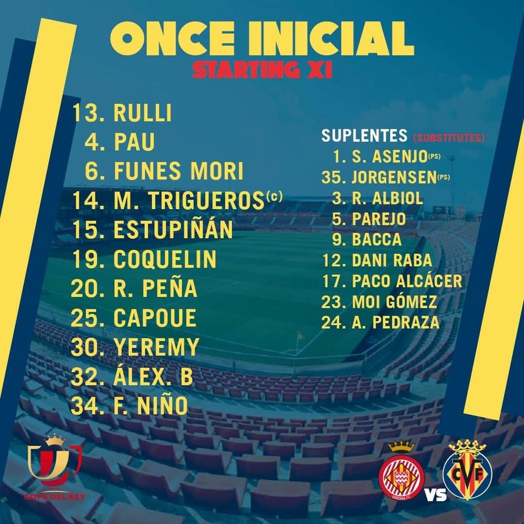 のインスタグラム：「¡Y esta es nuestra alineación para jugar en Montilivi!   👉 Desde la 21.00h, @gironafc 🆚 #Villarreal (en directo por @dazn_es).   Here is our starting XI to play at Montilivi!  👉 At 9pm CET, @gironafc 🆚 #Villarreal.   #CopaDelRey #futbol #football #soccer」