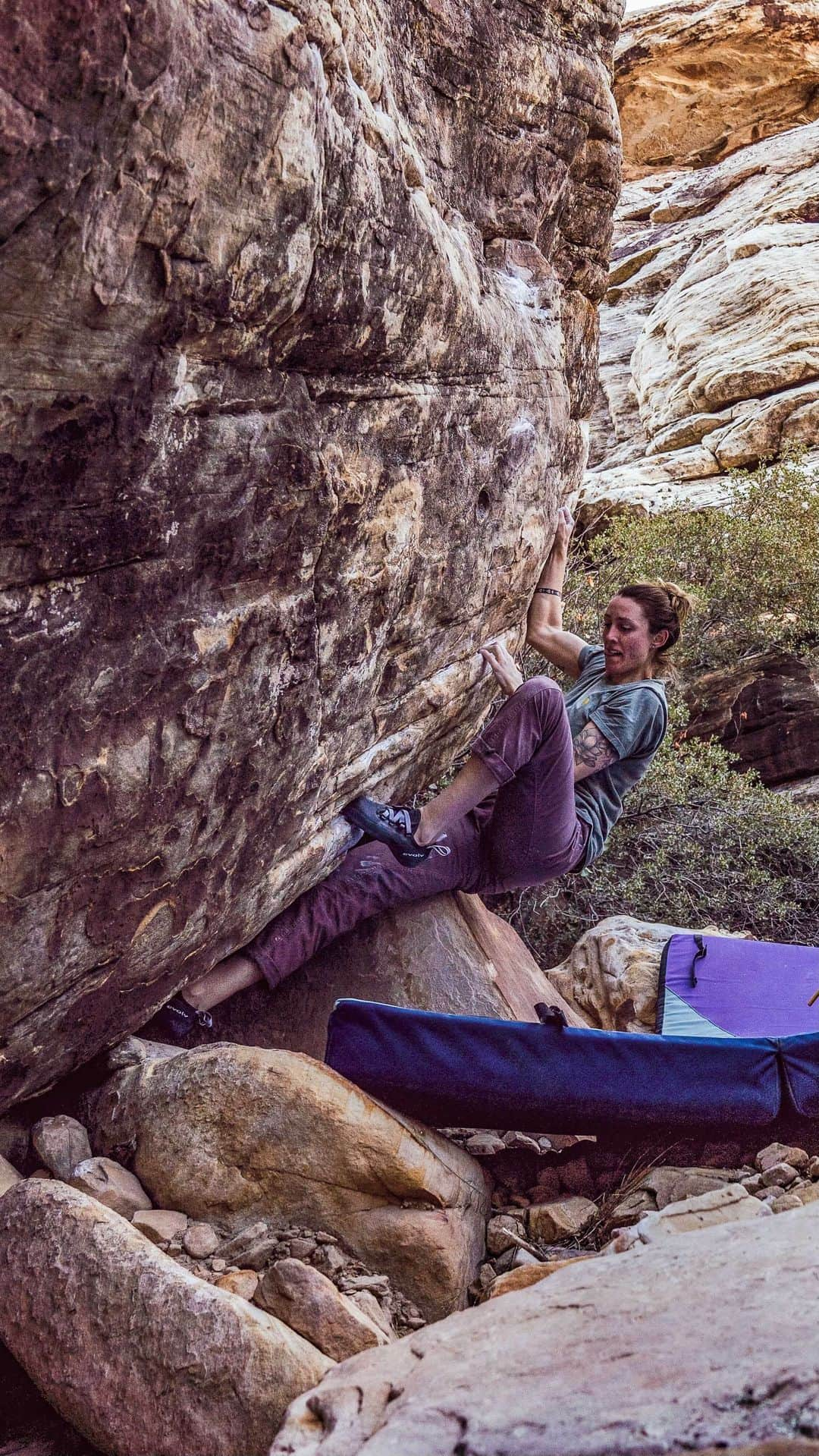 アレックス・ジョンソンのインスタグラム：「Top it out ‘n look back at it! (Or her) 😜👀 “Divergent Spectrum Sit” V10. This was not the day’s objective, but a fun consolation prize nonetheless. And I learned @breesframes is the most attentive spotter ever.  @mountainhardwear @evolv_worldwide @athleticbrewing @hydroflask @risebrewingco @trangoclimbing @rhinoskinsolutions @tensionclimbing @organicclimbing @frictionlabs」