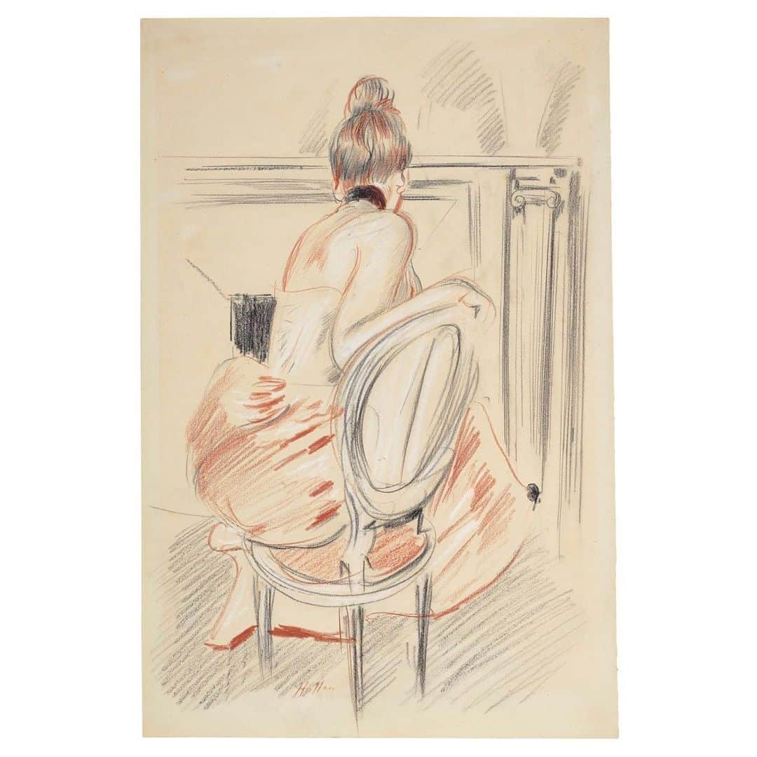 クリスティーズのインスタグラム：「Paul-César Helleu was known for his numerous portraits of La Belle Époque's beautiful society ladies. Here the artist depicts in black, white and red chalk his elegantly attired wife.⠀ .⠀ Paul-César Helleu (Vannes 1859-1927 Paris), 'Madame Helleu sitting by the fireplace'. Estimate: $7,000-10,000.⠀ .⠀ Old Master & British Drawings including property from The Cornelia Bessie Estate — 14-28 January, online⠀ .⠀ #art #artist #helleu #oldmasterdrawings #britishdrawings #americanaweek #corneliabessie #fragonard #liotard #greuze #romano #scamozzi #siberecht #tiepolo #troost #rembrandtschool」