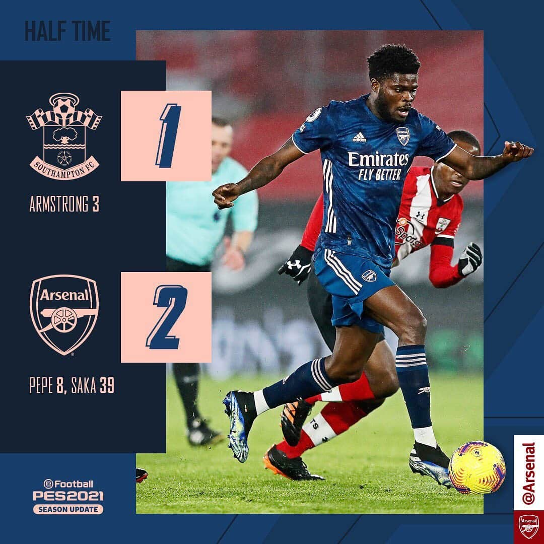 アーセナルFCさんのインスタグラム写真 - (アーセナルFCInstagram)「💪 We lead at the break   Armstrong put Southampton ahead but goals from Nicolas Pepe and Bukayo Saka give us a half-time lead   #arsenal #premierleague #gooners」1月27日 6時13分 - arsenal