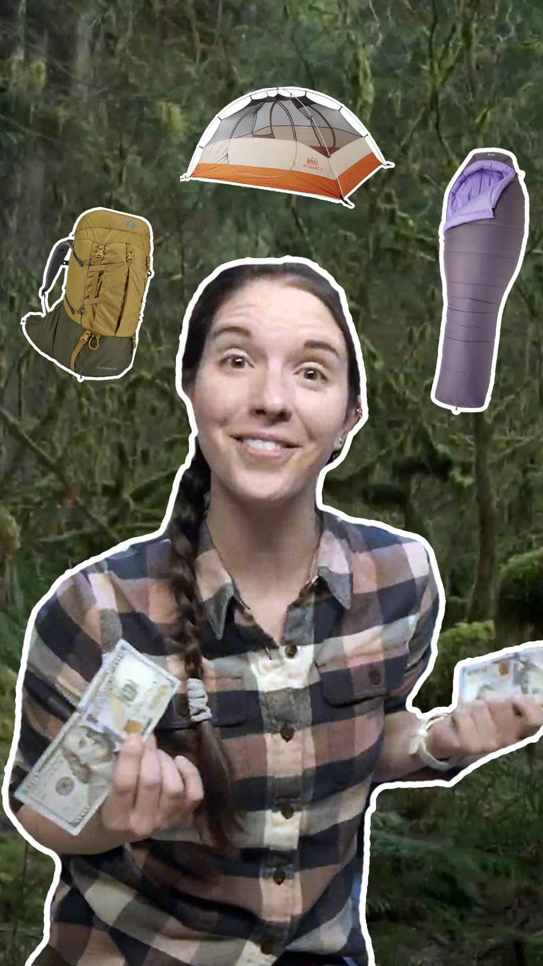 REIのインスタグラム：「Over the last 10 years, @mirandagoesoutside has acquired all of her trusty backpacking gear. But for this episode, she starts at square one and attempts to gear up for a backpacking trip for less than $200. Watch the full video in IGTV to see if she pulls it off.」