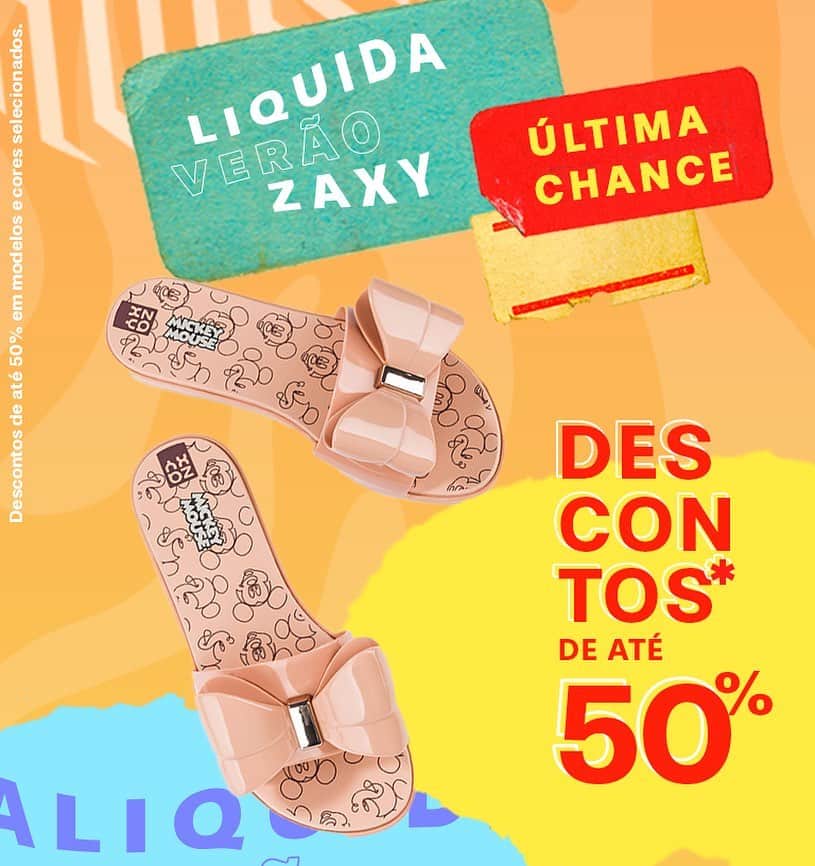 ザクシーのインスタグラム：「O #LiquidaVerãoZaxy ficou ainda melhor 💖 Agora tá rolando desconto* de até 50% em produtos selecionados. Não perde tempo e corre pra loja virtual pra garantir o seu modelo favorito!   #SlideJoyMickey - de R$ 59,99 por R$ 29,99  *Promoção válida em lista selecionada entre os dias 06/01/2021 e 31/01/2021 ou enquanto durarem os estoques.  Compre agora mesmo pelas tags no post, pelo link na bio ou na nossa loja online www.zaxy.com.br  #pracegover #pratodosverem: Na foto, sob um fundo colorido de colagens, vemos um par do modelo Slide Joy Mickey na cor bege. Ao lado, vemos escrito "Liquida Verão Zaxy - Última chance - Descontos de até 50%.」