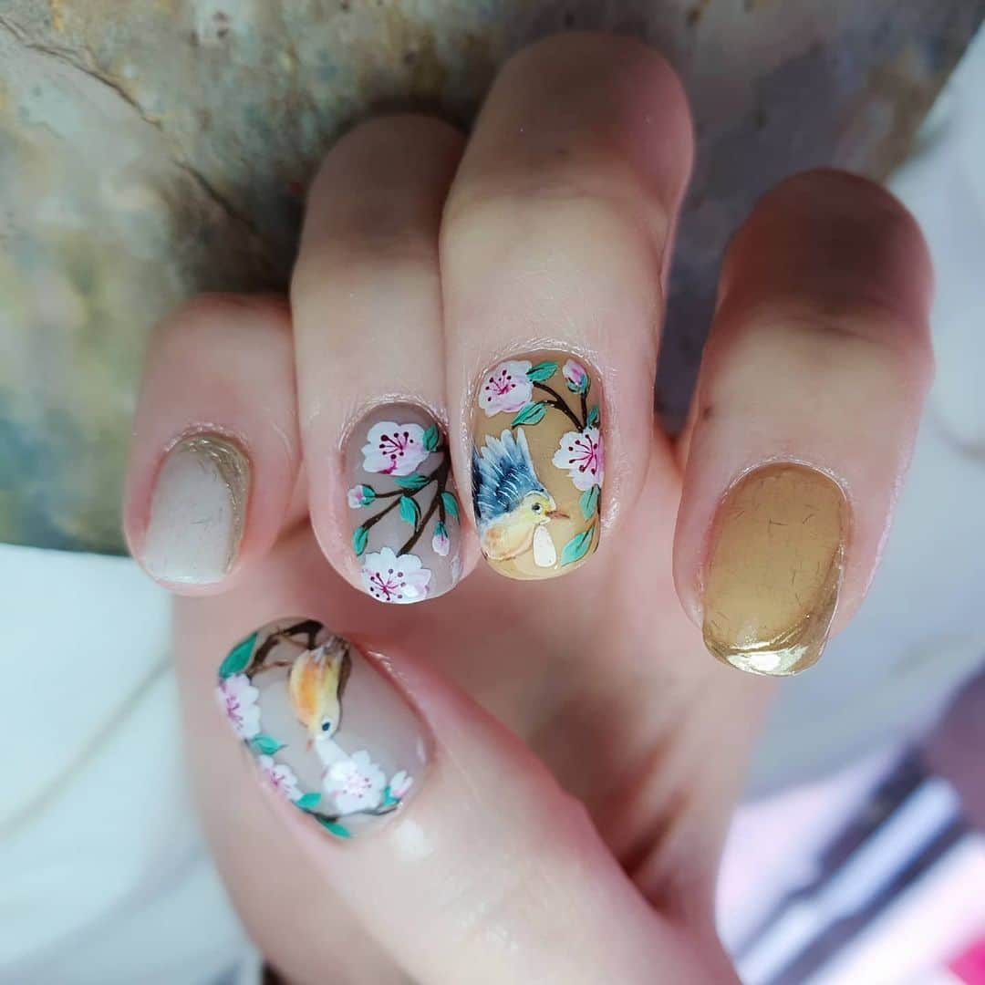 Yingのインスタグラム：「I used PREMDOLL MUSE G653 and G654, PREGEL Tulle Maple, Pale Sesame for the base. Art done with PREGEL Art Liner gel in Black/White/Bitter Choco/Green/Dark Cherry, PREGEL MUSE S340, PREGEL Yellow Drop, Orange Drop, #907. Items can be purchased at @nailwonderlandsg 🤗 .   . 🛒 www.nailwonderland.com⁣⁣ 📍20A Penhas Road, Singapore 208184⁣⁣ (5 minutes walk from Lavender MRT)⁣⁣ .  I am currently only able to take bookings from my existing pool of customers. If I have slots available for new customers, I will post them on my IG stories. Thank you to everyone who likes my work 🙏 if you need your nails done, please consider booking other artists at @thenailartelier instead ❤  #ネイルデザイン  #ネイルアート #ネイル #ジェルネイル #nailart #네일아트 #pregel #プリジェル #nails #gelnails #sgnails」
