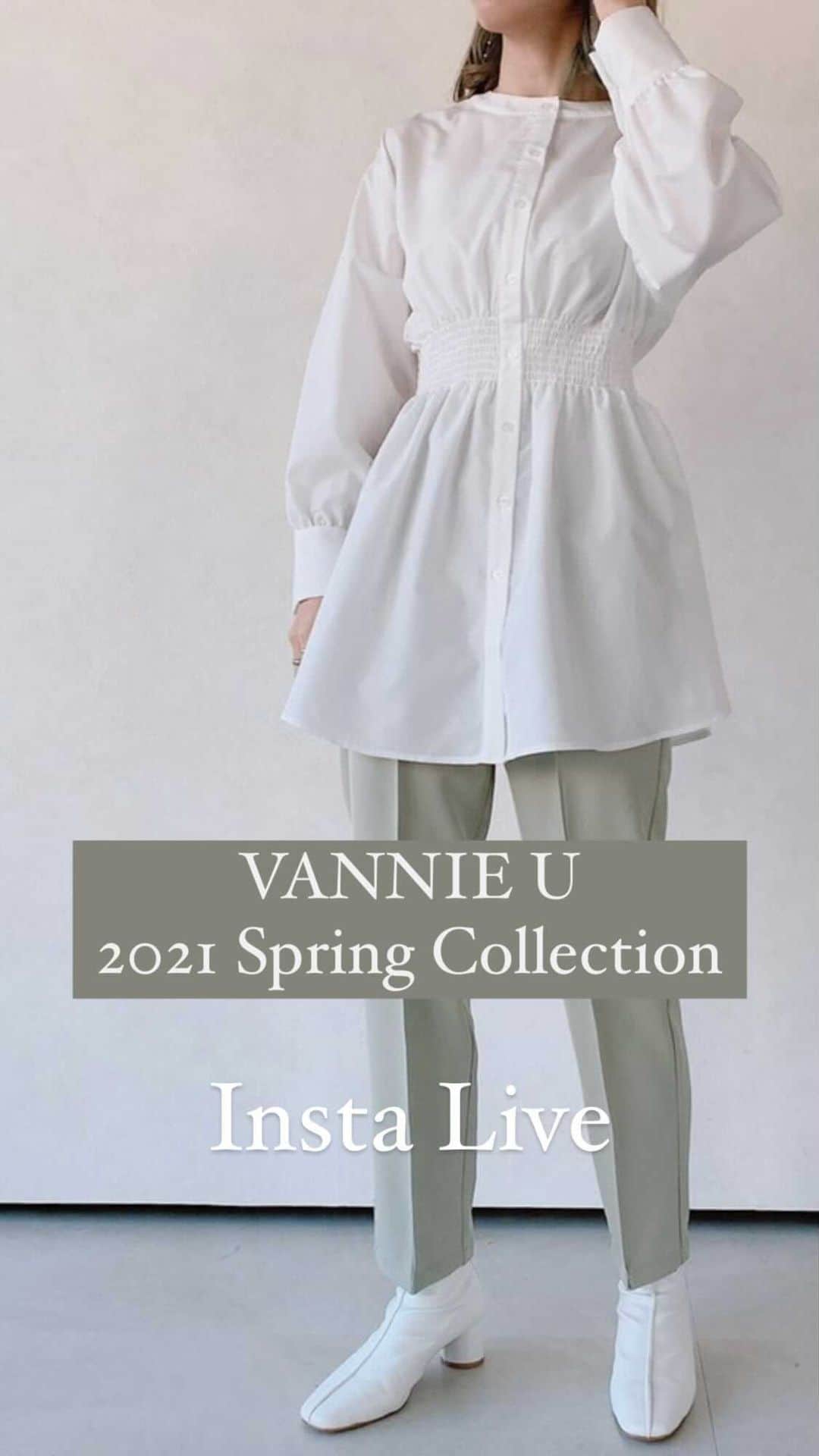 Vannie Officialのインスタグラム：「ウエストギャザーミニシャツブラウス センターステッチラインカラースラックスパンツ センタープレスカラースラックスパンツ マルチWAYセットティアードワンピース マルチWAYメッシュニット チラロゴT しわしわシアーTOPS  のご紹介です♡」