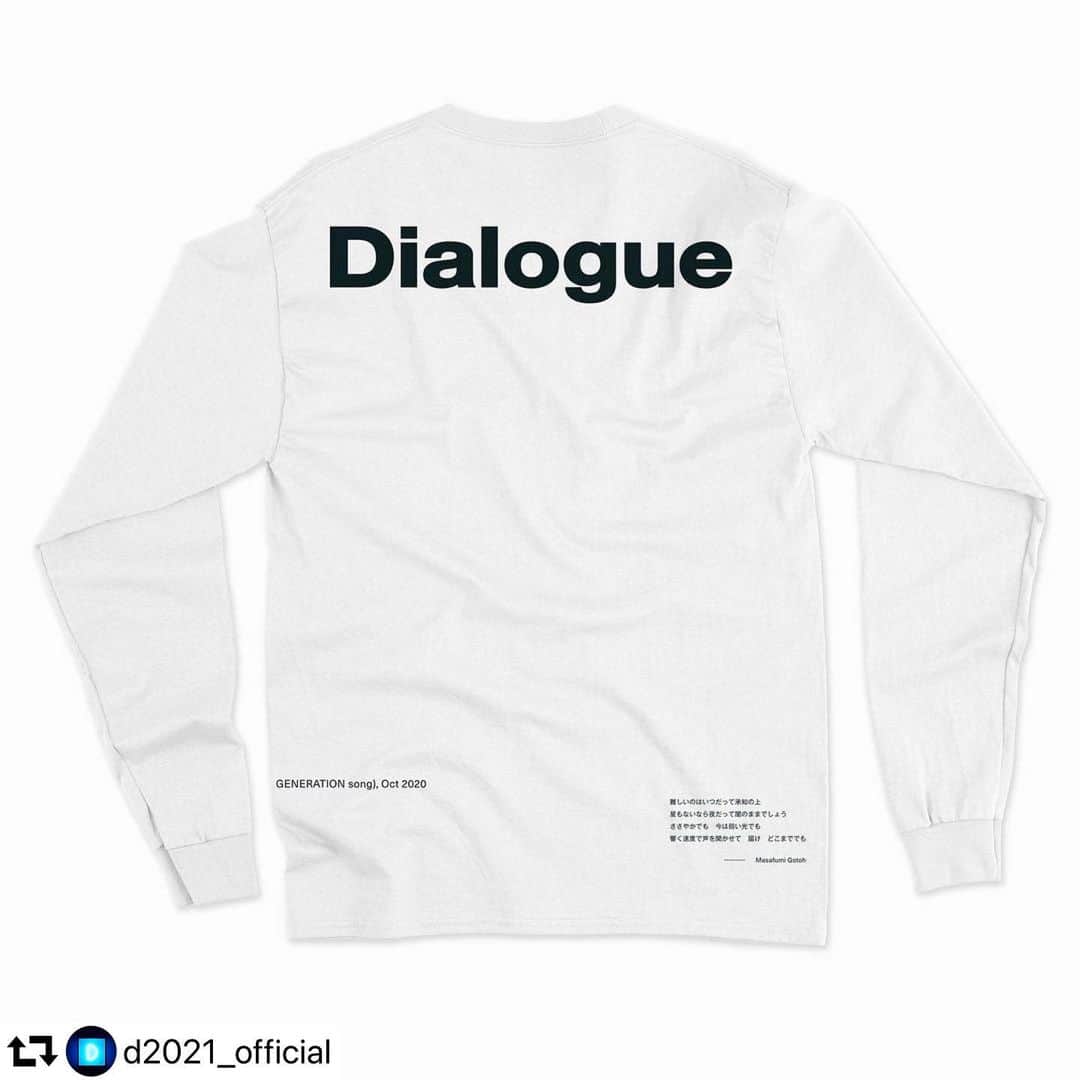後藤正文のインスタグラム：「これ背中の側です。  #repost @d2021_official ・・・  D2021 × ASIAN KUNG-FU GENERATION﻿ ﻿ 坂本龍一・後藤正文が中心となって、「得体の知れないD」をテーマに、音楽や対話を通してさまざまな社会問題と向き合うムーブメント・D2021と、ASIAN KUNG-FU GENERATIONのコラボTシャツ「Dialogue Tee」ができました！﻿ 1月27日(水) 21:00より予約販売受付開始となります✨﻿ ﻿ ASIAN KUNG-FU GENERATIONの新曲「ダイアローグ」の歌詞がプリントされたスペシャルな1枚。﻿ ぜひ手に入れてください😊﻿ ﻿ -﻿ ﻿ アイテム：Dialogue Tee﻿ 価格：¥6,500＋税﻿ 素材 : オーガニックコットン100%﻿ 受付期間：1月27日(水) 21:00〜2月24日(水) 21:00まで﻿ お届け予定：3月初旬〜中旬﻿ サイズ：着丈 / 身幅 / 袖丈﻿  S：71.1cm / 48.3cm / 58.4cm﻿  M：72.4cm / 53.3cm / 59.7cm﻿   L：73.7cm / 58.4cm / 61.0cm﻿ ﻿ ▼ご予約はこちらから﻿ http://www.spm-store.com/﻿ ﻿ https://d20xx.com/department/」