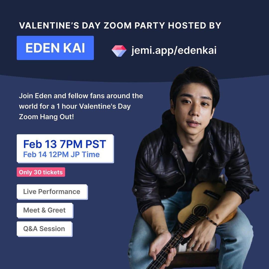 Eden Kaiのインスタグラム：「【Announcement / お知らせです👀】⠀ ⠀ From now on, all my Own Zoom Events, Online Ukulele & Guitar Lessons, and Personal Video Shoutouts (etc...)⠀ will be on 1 site with @jemiapp 😆🙌🎉⠀ (Thank you so much Jemi for helping big time to start this off🙏✨) ⠀ ⠀ これから自主企画オンラインZoomイベント、オンライン ウクレレ・アコギ レッスン、個人宛ビデオメッセージ等 1つのWebサイト「Jemi」にて行う事が決定致しました✨⠀ ⠀ Since it’s almost February, I’ll be having my first Valentine’s Zoom hangout event through Jemi (*30 tickets available)!🍫⠀ ⠀ もう少しで2月に入りますので、初の「バレンタインデー・Zoomイベント」をJemiにて行います(※チケット計30枚)！⠀ ⠀ Can’t wait seeing / hanging out with you soon! 🔜😎⠀ ⠀ 皆さんとお話しするのを心待ちにしております😊🙏⠀ ⠀ 【Link in Bio 🎫 URLはプロフィールのリンクから】⠀」