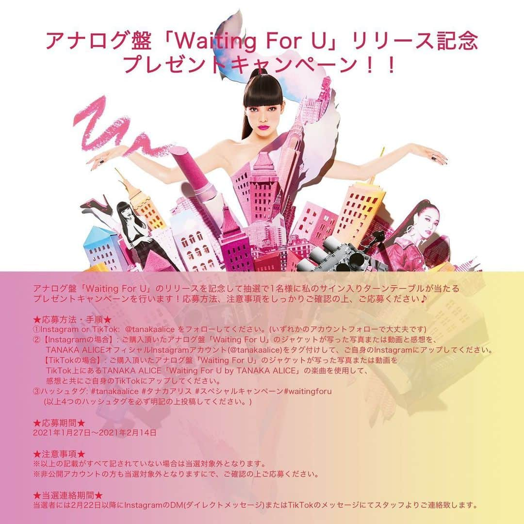 TANAKA ALICEのインスタグラム：「アナログ盤「Waiting For U」のリリースを記念して抽選で1名様に私のサイン入りターンテーブルが当たるプレゼントキャンペーンを行います！🤩 応募方法、注意事項をしっかりご確認の上、ご応募ください♪  ★応募方法・手順 ①InstagramまたはTikTok:  @tanakaalice をフォローしてください。(いずれかのアカウントフォローで大丈夫です) ②Instagramの場合: ご購入頂いたアナログ盤「Waiting For U」のジャケットが写った写真または動画と感想を、TANAKA ALICEオフィシャルInstagramアカウント(@tanakaalice)をタグ付けして、ご自身のInstagramにアップしてください。 TikTokの場合: ご購入頂いたアナログ盤「Waiting For U」のジャケットが写った写真または動画をTikTok上にあるTANAKA ALICE「Waiting For U by TANAKA ALICE」の楽曲を使用して、感想と共にご自身のTikTokにアップしてください。 ③ハッシュタグ: #tanakaalice #タナカアリス #スペシャルキャンペーン#waitingforu(以上4つのハッシュタグを必ず明記の上投稿してください。)  ★応募期間 2021年1月27日〜2021年2月14日まで。  ★注意事項 ※以上の記載がすべて記されていない場合は当選対象外となります。 ※非公開アカウントの方も当選対象外となりますにで、ご確認の上ご応募ください。  ★当選連絡期間 当選者には2月22日以降にInstagramのDM(ダイレクトメッセージ)またはTikTokのメッセージにてスタッフよりご連絡致します。  沢山のご応募待ってます☺️  I’m doing a special giveaway campaign for the release of my second vinyl “Waiting For U” on Instagram and tiktok! if you post about my vinyl on Instagram or Tiktok, you will be entered to win a prize of my signed turntable!  How to join the raffle  ①Follow me @tanakaalice on Instagram or Tiktok (follow either one) ② Insert in caption with 3 hashtags  #TANAKAALICE #specialcampaign#waitingforu ③ if you gonna post on Instagram: Post about my vinyl on Instagram with a caption and the hashtags.  If you gonna post on Tiktok: Add the sound of TANAKAALICE 「Waiting For U by TANAKA ALICE 」and post about my vinyl with a caption and the hashtags.   ※ Private accounts are also not eligible for winning  The deadline of the raffle will be at 23:59 on 14th February.  The winner will be notified after 22th February by DM on Instagram or Tiktok.  I’m looking forward to your participation 😉  #giveaway #campaign#tanakaalice#waitingforu#スペシャルキャンペーン#プレゼント」