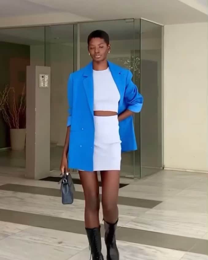 のインスタグラム：「Mega babe @mounafadiga doubles up in our silver blue mimi knit top and skirt. Now available online + in stores #becandbridge」