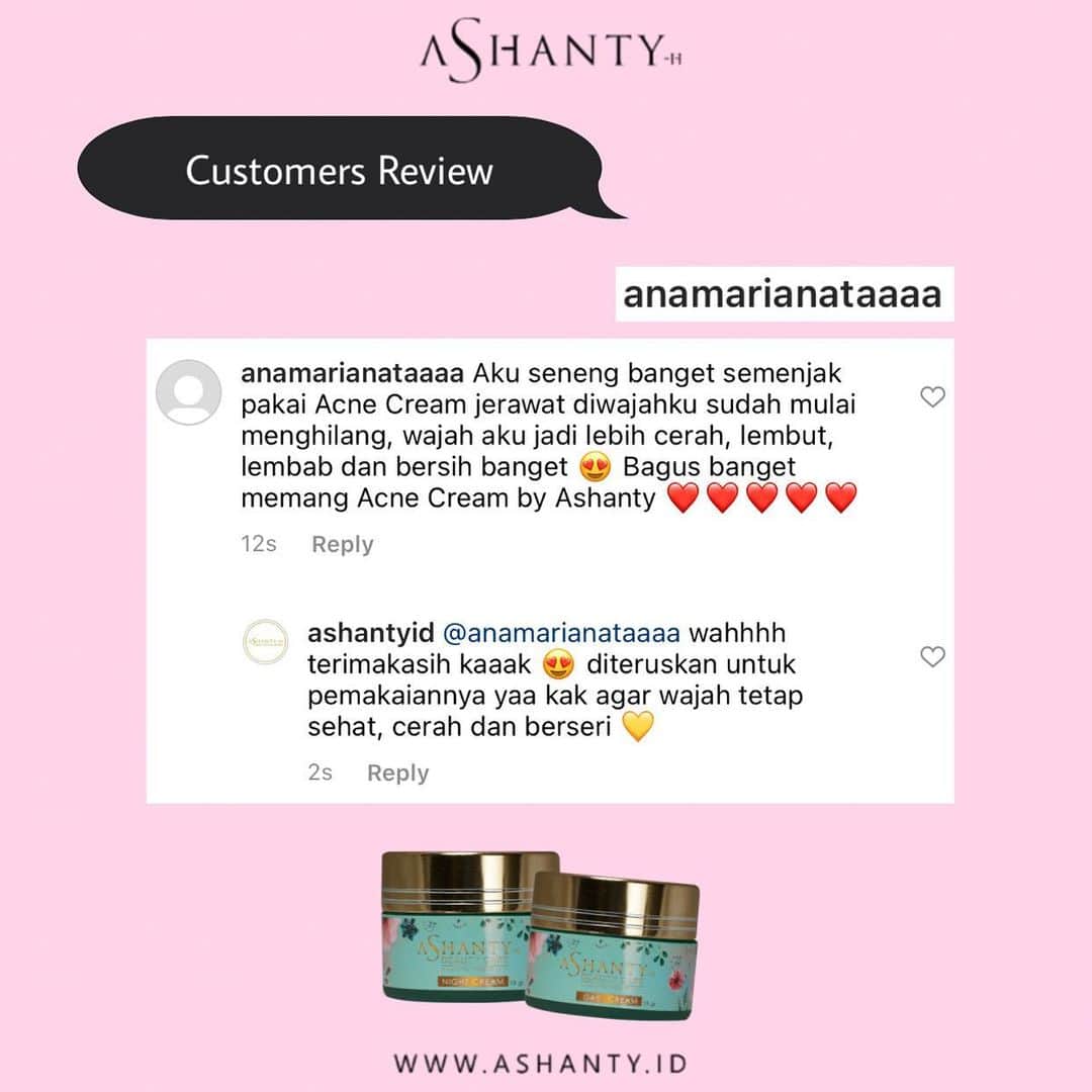 ASHANTY BEAUTY CREAM OFFICIALのインスタグラム：「Customer Review 😍  Masalah jerawat teratasi setelah rutin menggunakan Acne Cream Series by Ashanty ✨ Wajah jadi lebih sehat, cerah berseri, lembut dan lembab 💙  Untuk ladies dirumah yang masih mencari solusi untuk mengatasi masalah jerawat dan wajah kusam, yuk sudah saatnya menggunakan rangkaian cream by Ashantyid 🛍」