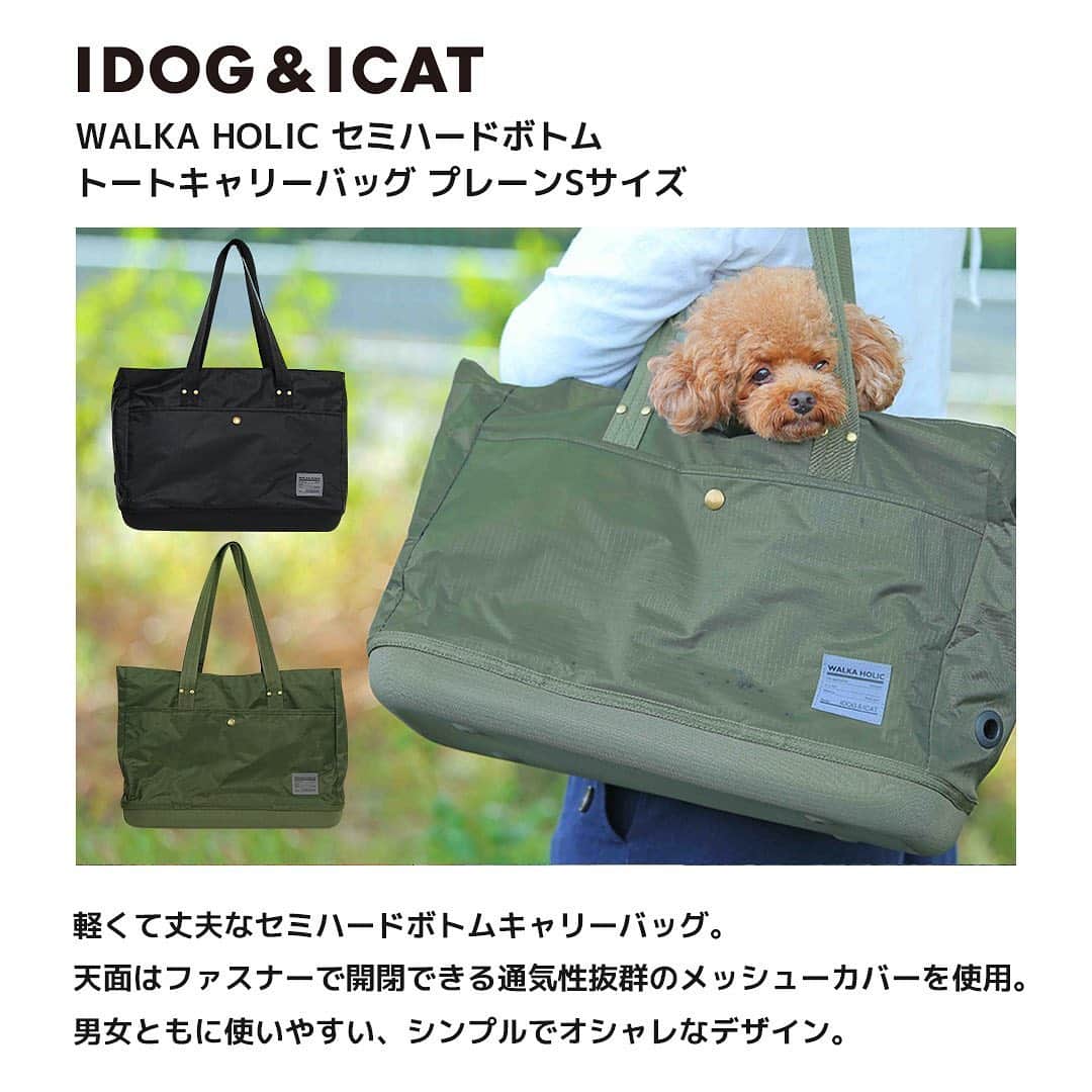 iDog&iCatさんのインスタグラム写真 - (iDog&iCatInstagram)「通院やおでかけの際の安全に。 「 IDOG&ICAT WALKA HOLIC セミハードボトム トートキャリーバッグ プレーンSサイズ 」をご紹介★  軽くて丈夫なセミハードボトムキャリーバッグ。  愛犬・愛猫が快適に過ごせるよう、より使いやすくリニューアルしました。  底面のみセミハード素材を使用し、安定感と安全性を高めました。  ビート板のような固さと肌触りの底面でペットをしっかりと守ります。 両側面には直径約2cmの空気穴が空いています。  愛犬・愛猫が快適に過ごせるように、取り外しが可能のクッション入り中敷きが敷いてあります。中敷きはゴム付きで、シーツやタオルが固定できます。  バッグ内側には飛び出し防止リードも付きで、いざという時も安心です。  バッグ正面には便利なポケット付き。 ポケットにはナイロン素材の「WALKA HOLIC」のネームタグがついています。  天面はファスナーで開閉できる通気性抜群のメッシューカバーを使用。  ママやパパの姿が見えないと不安がる子にピッタリです。メッシュカバーはくるくる巻いて留めることができます。  ファスナーにはジッパータブを付け、引っ張りやすく開閉しやすい仕様になっています。 シンプルでオシャレなデザインは男女ともに使いやすいです。  商品番号/ 14537 商品名/ IDOG&ICAT WALKA HOLIC セミハードボトム トートキャリーバッグ プレーンSサイズ サイズ/ 約幅42cm×高さ31cm×奥行き18cm / 持ち手長さ：55cm 耐荷重/ ～8kg程度まで  4,378円(税込) ブラック/カーキ  #iDog #iDogiCat #iCat #キャリー #リュック #新作 #うちの子優勝 #キャリーバッグ #犬 #超小型犬 #小型犬 #猫 #わんすたぐらむ #dog #にゃんすたぐらむ #cat #チワワ #トイプードル #ダックス #フォックステリア #MIX猫」1月27日 17時32分 - idogicat