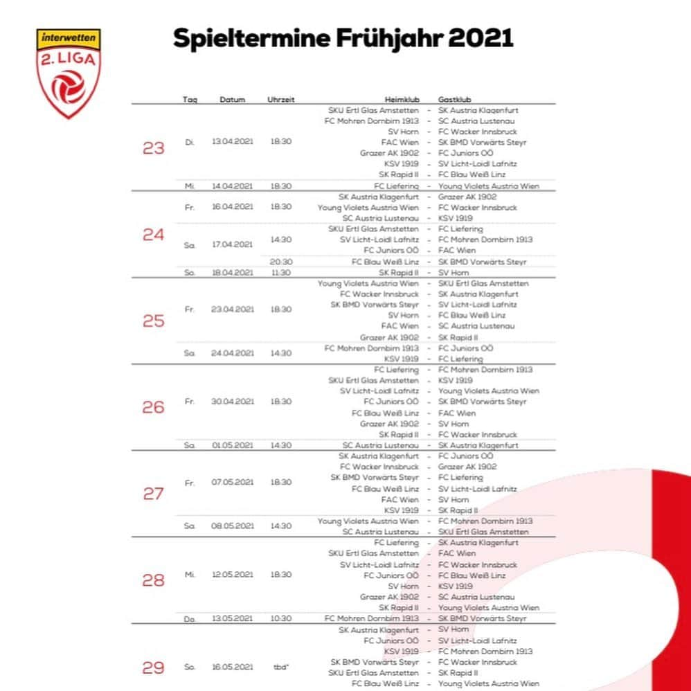 SVホルンさんのインスタグラム写真 - (SVホルンInstagram)「Spieltermine der Frühjahrssaison sind da!  Am 12. Februar 2021 startet die Saison der INTERWETTEN 2. Liga.  https://cdn.bundesliga.at/downloads/20210115/2Liga_Spieltermine_Fruehjahr2021.pdf Der SV Horn starten am 13. Februar 2021 mit einem Heimspiel gegen SK Austria Klagenfurt.   #svhorn #bepartofit」1月27日 18時06分 - svhorn1922