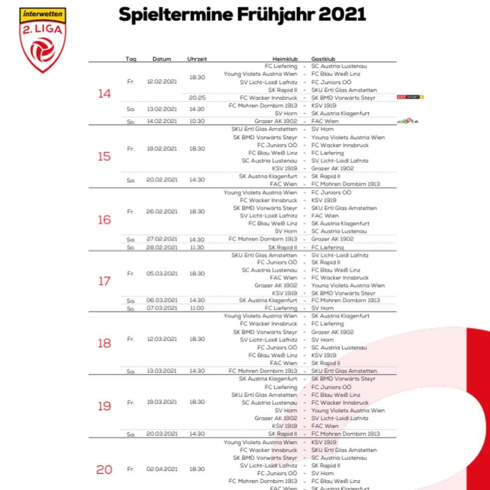 SVホルンさんのインスタグラム写真 - (SVホルンInstagram)「Spieltermine der Frühjahrssaison sind da!  Am 12. Februar 2021 startet die Saison der INTERWETTEN 2. Liga.  https://cdn.bundesliga.at/downloads/20210115/2Liga_Spieltermine_Fruehjahr2021.pdf Der SV Horn starten am 13. Februar 2021 mit einem Heimspiel gegen SK Austria Klagenfurt.   #svhorn #bepartofit」1月27日 18時06分 - svhorn1922