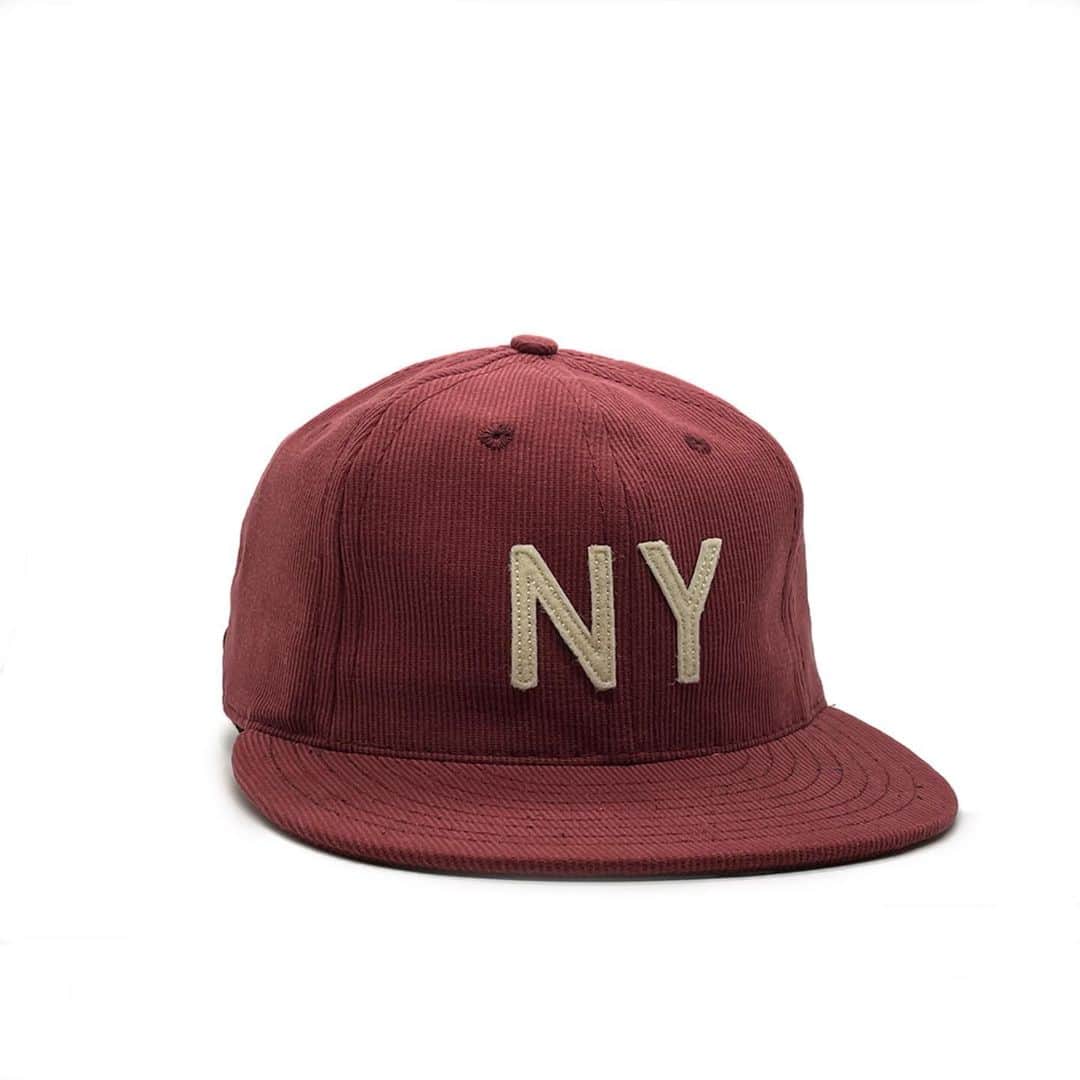 のインスタグラム：「Our second collaboration with @ebbetsvintage . This vintage style 6 panel baseball cap is made from a fine wale Bedford Cord. It features a side-by-side "NY" reminiscent of the Black Yankees Negro League caps from the 1930's-1940's on the front in white felt. Finished with a leather strap with brass slider buckle. We removed the traditional satin finish under the brim keeping this tonal, and  Bedford cord throughout.」