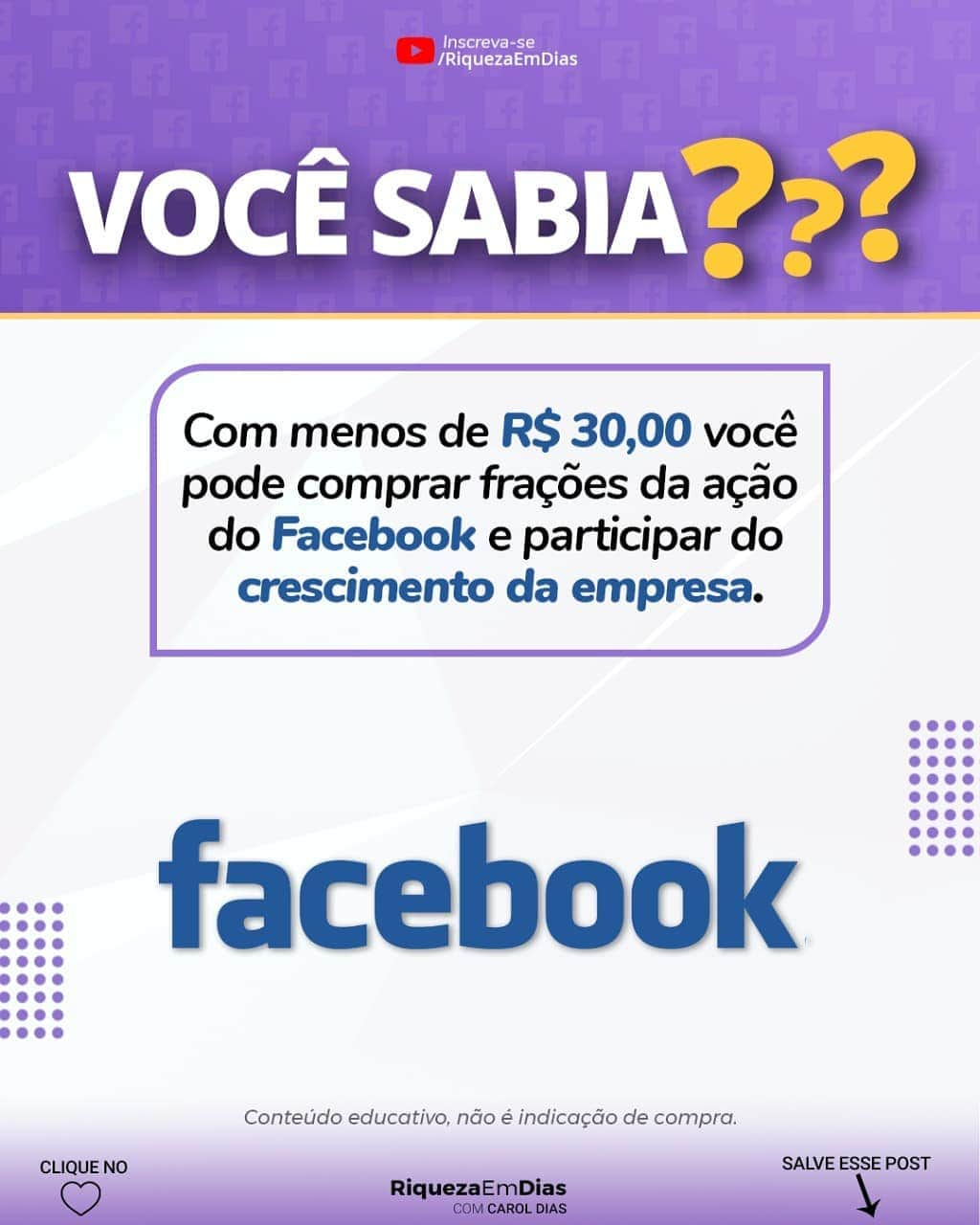 Carol Diasさんのインスタグラム写真 - (Carol DiasInstagram)「Você sabia que pode ser sócio da Facebook? . O Facebook é uma das maiores empresas do mundo em valor de mercado, dona do Instagram e WhatsApp, ela tem as principais mídias sociais do mundo. Sabia que você pode investir na empresa com pouco dinheiro? . Quer aprender como investir em ações no exterior? . 📌Marque um amigo e comente EU QUERO . . .  .  ❤️ Curta o post 💾 Salve a arte para ver depois ➡️ Ative as notificações para receber todo conteúdo novo que eu postar aqui . #investimentos #dinheiro #empreendedorismo  #investimento  #fundosimobiliários #investir  #trader  #mercadofinanceiro #bolsadevalores  #finanças  #fiis  #economia #finançaspessoais #planejamentofinanceiro #investidor  #liberdadefinanceira  #investidorinteligente #caroldias #rendavariavel #ações #comoinvestir #educaçãofinanceira #buyandhold #voabrasil #riquezaemdias #dividendos #acoes #ações #reits #reit」1月28日 0時01分 - caroldias