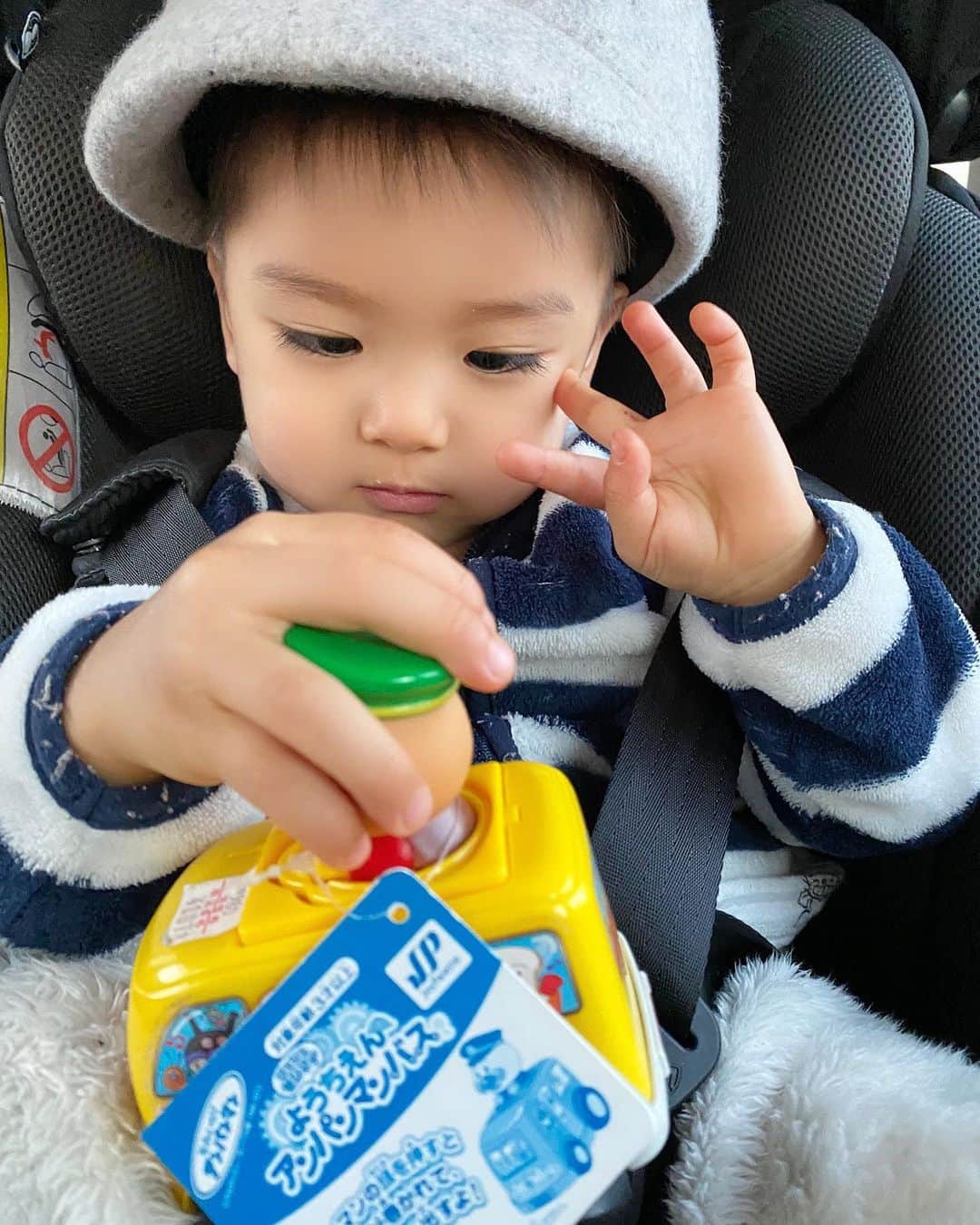 Momoeのインスタグラム：「パパのパパにおもちゃ買ってもらって 嬉しすぎて放さない図💝 . 袖の毛玉がすんげえ。  . .  #happy #家事 #育児 #family #家族 #boy #smile #男の子 #息子 #code #love #lucky #kids #子供 #thankyou #宝物 #ベビー #fashion #follow #パパ #ママ #家族写真 #男の子ママ #うさぎ #ネザーランドドワーフ」