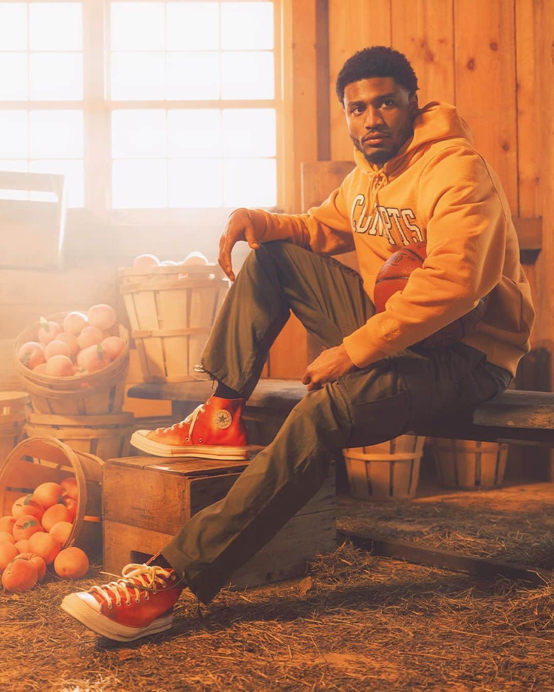 converseのインスタグラム：「The Converse x @cncpts Southern Flame collection features bold peach-inspired textures on the Chuck 70 and All Star BB Evo that pay tribute to basketball’s creation and its OG hoop: a peach basket on a 10-foot pole.   Available tomorrow at 10AM EST on Converse.com.」