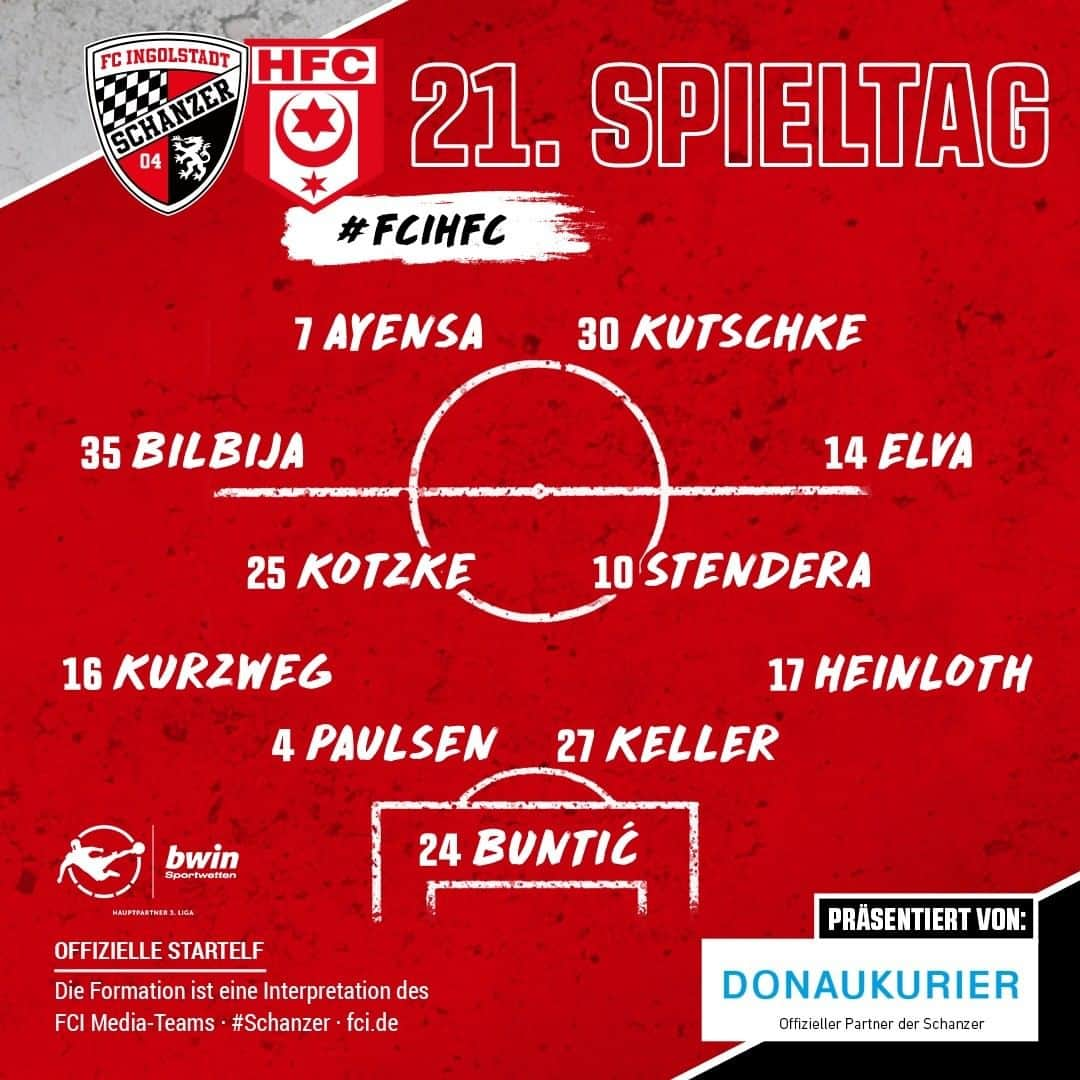 FCインゴルシュタット04さんのインスタグラム写真 - (FCインゴルシュタット04Instagram)「UNSERE OFFIZIELLE STARTELF ⚫️🔴 So gehen die #Schanzer in die Rückrunde‼⚽ Was sagt ihr zur Aufstellung?  Die Partie startet um 19 Uhr und ihr könnt über unseren Ticker, unsere App, unser Fanradio oder @magentasport LIVE dabei sein! 🤩 Alle Links findet ihr in der Insta-Story 📲 ___ Auf der Bank: Jendrusch, Kaya, Caiuby, Hawkins, Niskanen, Krauße & Röhl . . #schanzerdassindwir #Schanzerfürimmer #Ingolstadt #FCI #FCIngolstadt #3Liga #zeigtsuns #fu3ball #soccer #fussball #football #futbol #immerweiter #zamhoidn #Team #heimspiel #Stadion #Dahoam #AudiSportpark #Rückrunde #FCIHFC #HFC #Halle #HallescherFC #Matchday #Spieltag #Startelf #Aufstellung #lineup」1月28日 2時08分 - dieschanzer