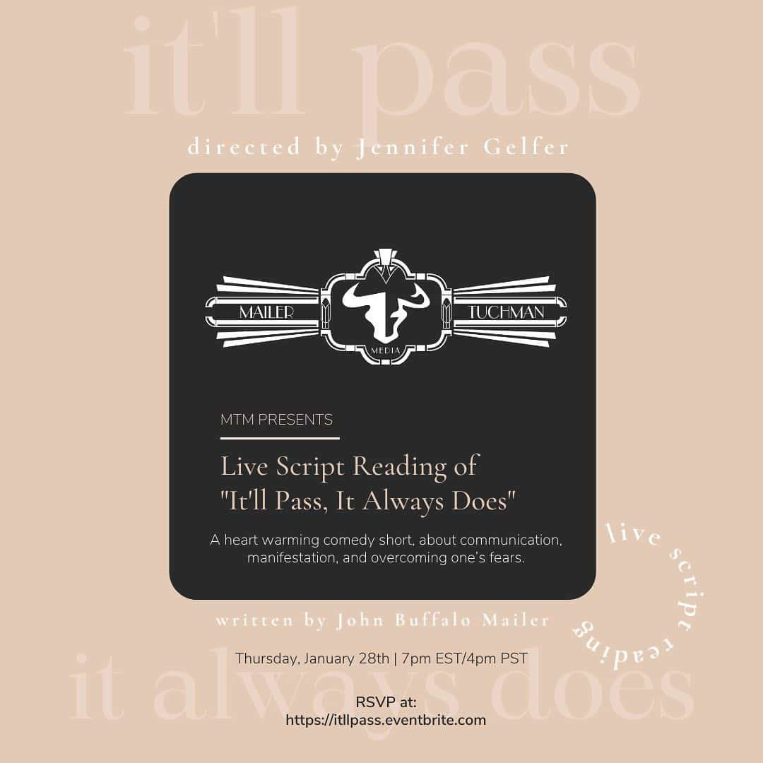 ブレンダン・ロビンソンさんのインスタグラム写真 - (ブレンダン・ロビンソンInstagram)「If you’re in the mood for a little bit of entertainment direct to your living room, come watch me LIVE TOMORROW in a virtual reading of John Buffalo Mailer’s play “It’ll Pass, It Always Does.” . “It’ll Pass, It Always Does” is a short, comedic play about communication, manifestation, and overcoming one’s fears.  I really love this little play, and I hope you do too!! It’s the perfect story for the time we’re living in right now. . The show is TOMORROW, 1/28 @ 7pm EST/ 4pm PST! . Go to the link in my bio to RSVP and get more information about how to log on for the event. . The play is FREE, but we will be accepting donations, 100% of which will go to support @theactorsfund. . HOPE TO SEE YOU THERE! . #zoom #theater #play #performance #entertainment #livetheater @mailertuchmanmedia」1月28日 2時18分 - brendanrobinson