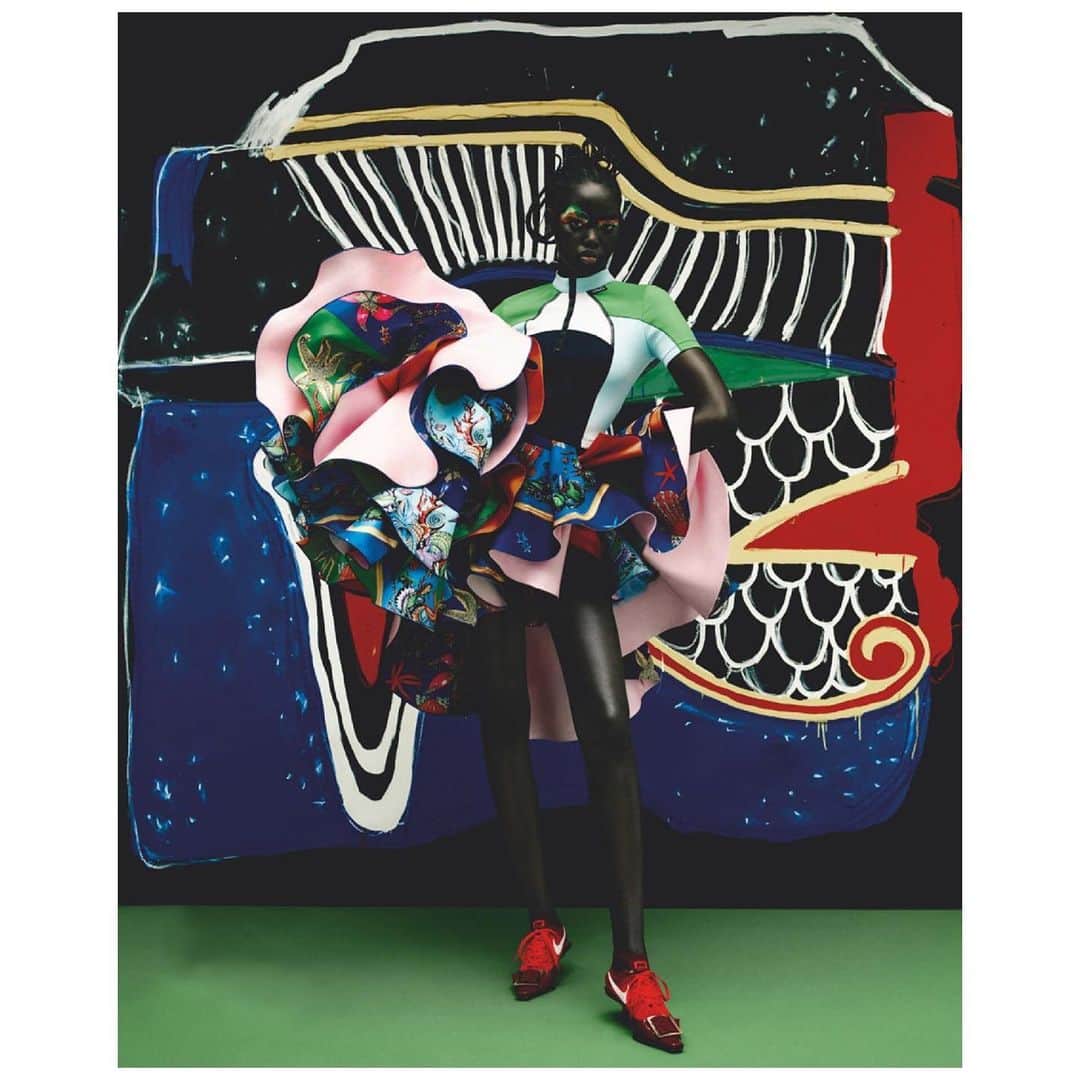 ジャンニヴェルサーチのインスタグラム：「@adutakech photographed for @britishvogue in a #VersaceSS21 voluminous skirt and scuba top. #VersaceEditorials  Photography @rafaelpavarotti_ Styled by @kphelan123」