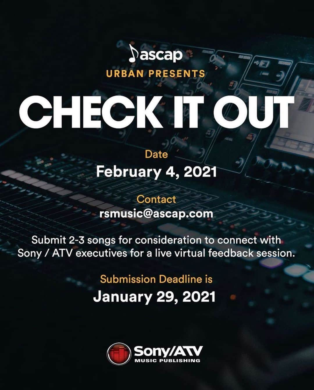 ASCAPさんのインスタグラム写真 - (ASCAPInstagram)「Wanna get feedback on your music from @sonyatvmusicpub?  Submit 2-3 songs to rsmusic@ascap.com by this Friday January 29 for a chance to be part of the @ascapurban Check It Out virtual event on Feb 4. #ASCAPUrban #CheckItOut」1月28日 4時06分 - ascap