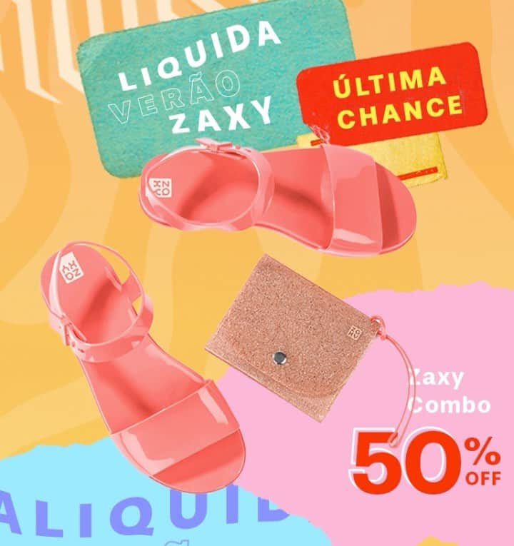 ザクシーのインスタグラム：「2 produtos pelo preço de um? Só no #LiquidaVerãoZaxy! A Zaxy Combo é pra você que quer investir em si mesma. No nosso site, você encontra esses modelos da foto por apenas R$37,49. Não vai deixar pra depois, né? Corre pra nossa loja online e aproveita a promo!  #ZaxyTrendy + carteira - de R$74,99 por R$37,49  *Promoção válida em lista selecionada entre os dias 06/01/2021 e 31/01/2021 ou enquanto durarem os estoques.  Compre agora mesmo pelas tags no post, pelo link na bio ou na nossa loja online www.zaxy.com.br  #pracegover #pratodosverem: Na foto, sob um fundo colorido de colagens, temos a Zaxy Combo no centro. Esse modelo de sandália tem uma tira frontal e o fechamento lateral. Além disso, acompanha uma carteira com glitter.」