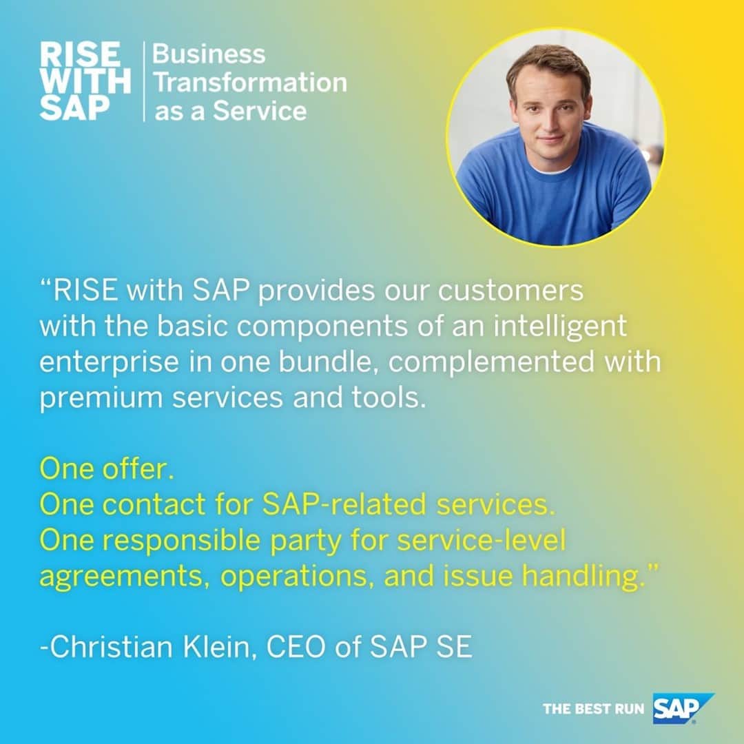 SAPのインスタグラム：「"Companies need Business Transformation as a Service to truly transform." –@christian_klein_ck, SAP CEO   Explore SAP's latest offering, #RISEwithSAP ➡️ sap.com/rise」