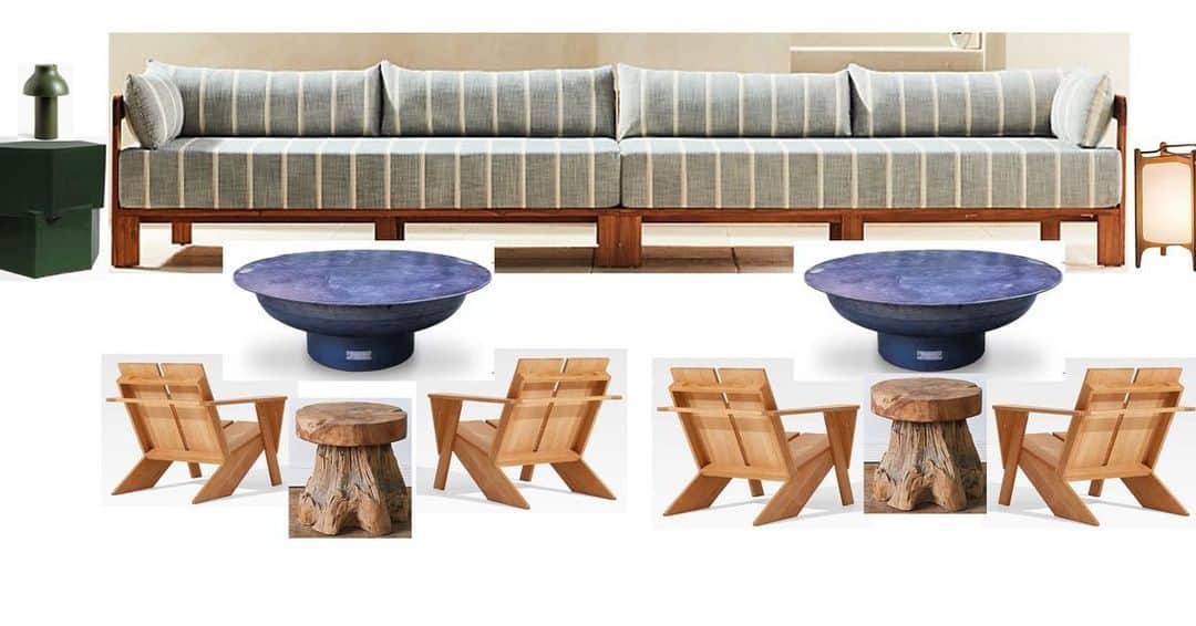 ブルックリン・デッカーのインスタグラム：「Outdoor design. ALL INPUT WELCOME. I’m terrible at designing outdoor spaces. They have to be highly functional, it’s hard to incorporate antiques (our space isn’t covered.) I want it to feel handsome, collected and cozy, and sometimes outdoor fabrics can be limiting. This sofa is 14’ long, hence the two seating areas. I want to throw a bunch of clashing pillows on there as well. The tables double as fire pits in the winter. Yay, nay? Any resources you can share? Scroll for inspo pics designed by some of my favorites, @studioshamshiri & @communedesign」