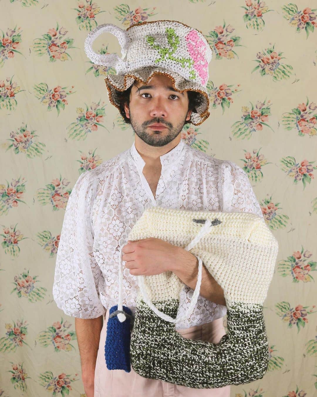 Phil Fergusonのインスタグラム：「When your friends tell you to dress up and spill the T ☕️   #art #craft #crochet #tea #T #fashion #queerart #portrait #craftyqueen #beardedperson #yumtea」
