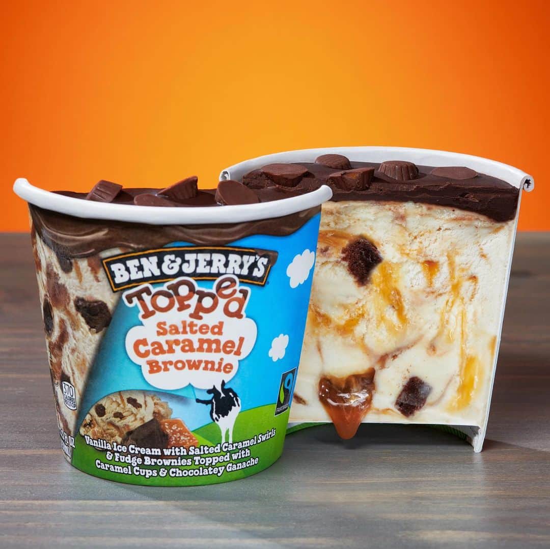 Ben & Jerry'sのインスタグラム：「🚨 7 NEW FLAVORS! 🚨 Introducing the Topped lineup, 7 new pints featuring a spoonable chocolatey topping that's totally over-the-Topped! Link in bio.」