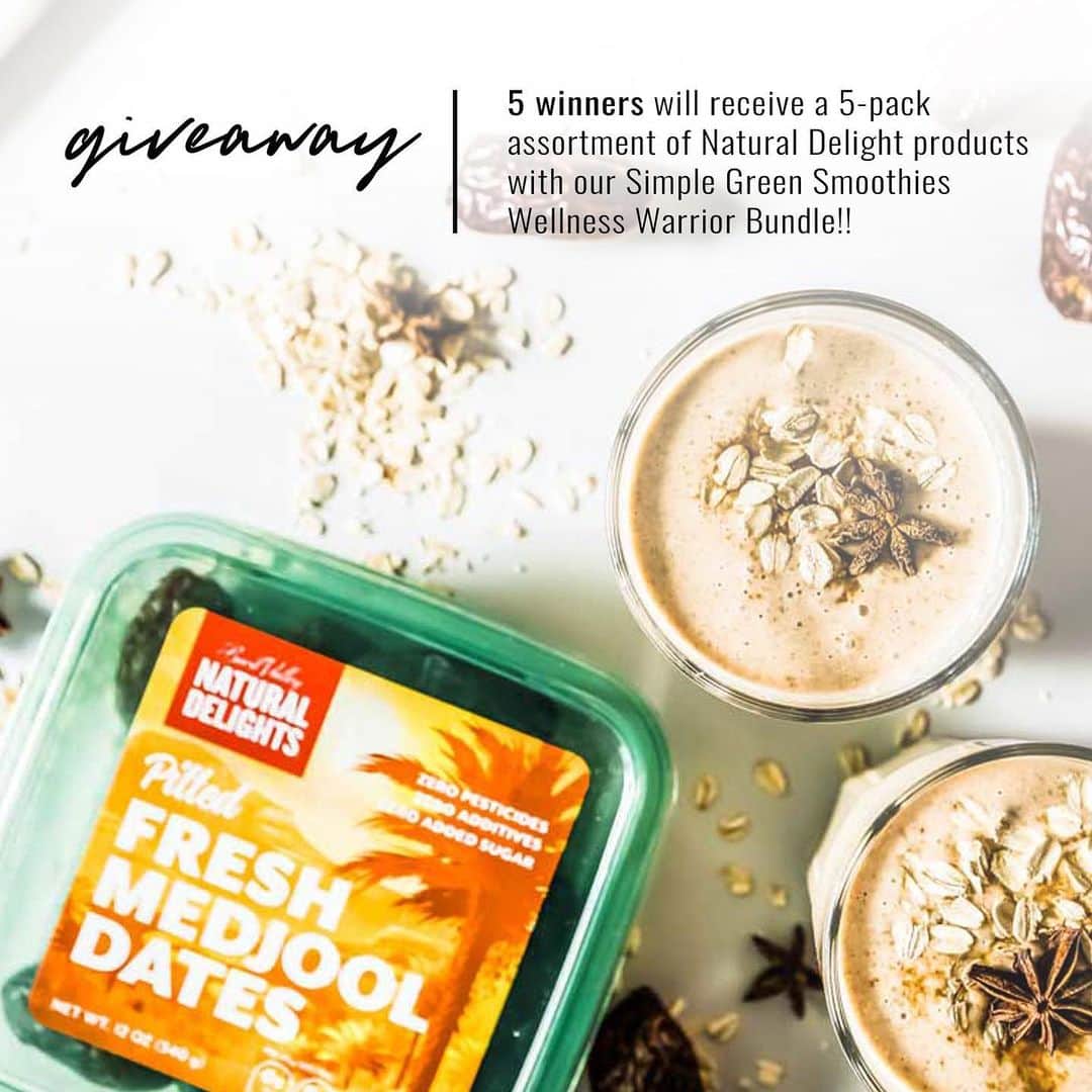 Simple Green Smoothiesのインスタグラム：「Meet our NEW Cinnamon Date Smoothie + GIVEAWAY (scroll down for the details)! 🥰 It's pretty much a cinnamon roll in a smoothie (where's a cinnamon roll emoji when you need it!) — and it's real good. Like "I don't even miss the real thing" good. With just 5 ingredients (you prob have on hand), you can blend up this cinnamon date smoothie now that I got your cinnamon roll craving going strong. #sorrynotsorry⁠⠀ ⁠⠀ For this smoothie recipe, I’ve partnered with @ndmedjooldates to use their pitted Medjool Dates to create this drool worthy date smoothie recipe. Natural Delights Medjool dates are grown in the Bard Valley, a beautiful, sun-drenched area fed by the Lower Colorado River where Arizona and California meet.⁠⠀ ⁠⠀ These dates are naturally sweet and packed with 16 essential vitamins and minerals as well as disease-fighting antioxidants. They’re perfect for any special diet since they are gluten-free, nut-free, Kosher, Halal, Vegan, Paleo and a raw whole fruit – they’re also available in Organic varieties.⁠⠀ ⁠⠀ CINNAMON DATE SMOOTHIE I serves one⁠⠀ 1/2 cup rolled oats⁠⠀ 3 pitted, organic @ndmedjooldates⁠⠀ 1 1/2 cups non dairy milk (cashew, almond, or oat)⁠⠀ 1/2 tsp vanilla extract⁠⠀ 2 tsp cinnamon⁠⠀ 1 cup ice, optional⁠⠀ ⁠⠀ 1. Blend oats until powdery.⁠⠀ 2. Add dates, non dairy milk, vanilla extract, and cinnamon to blender, and blend again.⁠⠀ 3. Pour into a glass containing 1 cup ice, for an extra cold beverage.⁠⠀ ⁠⠀ GIVEAWAY🎉⁠⠀ ⁠⠀ HERE'S WHAT YOU CAN WIN⁠⠀ 5 winners will each receive:⁠⠀ ⁠⠀ - 1 Wellness Warrior x Cookbook Bundle ($95.00 retail value)⁠⠀ - 5 pack assortment of Natural Delights product⁠⠀ ⁠⠀ HERE'S HOW TO ENTER THE GIVEAWAY⁠⠀ 1. Follow @NDMedjoolDates and @SimpleGreenSmoothies⁠⠀ 2. Tag one friend below who would also enjoy this prize! (Tag multiple friends for multiple entries!)⁠⠀ ⁠⠀ *Giveaway runs until February 1, 2021, winners will be announced on February 2 by @NDMedjoolDates. Giveaway open to all US residents ⁠」
