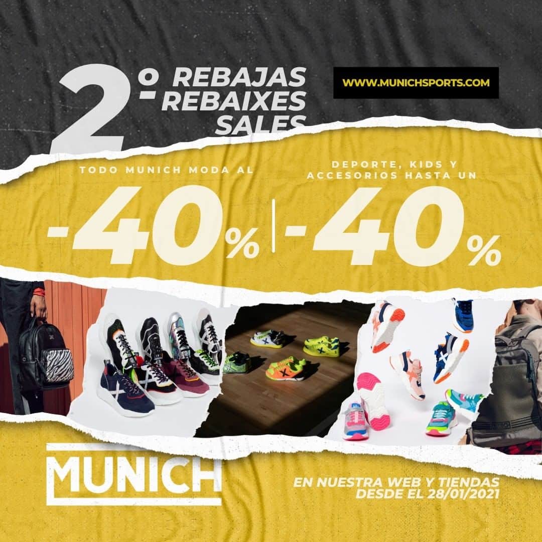 ミュニックさんのインスタグラム写真 - (ミュニックInstagram)「💥 2as REBAJAS MUNICH®💥 Desde el 28/01/2021 en web y tiendas 👟✖️ ¡Todo MUNICH MODA al -40%! ¡Deporte, Kids y accesorios hasta un -40%! 🎉   👟✖👉www.munichsports.com  #MunichSports #Rebajas #tiendasMUNICH #moda #deporte #zapatillasMunich #kids #accesorios」1月28日 20時00分 - munichsports