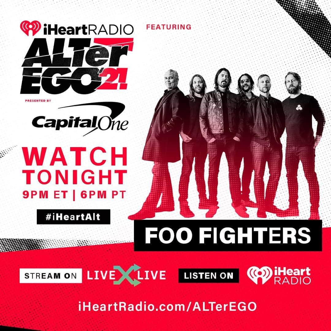 フー・ファイターズのインスタグラム：「Tonight Foos will be performing songs from their upcoming album #MedicineAtMidnight and more at the @iheartradio ALTer EGO! Watch it at 9pm ET / 6pm PT only on @livexlive. Link in bio. ⚡ 🖤 #iHeartALT」