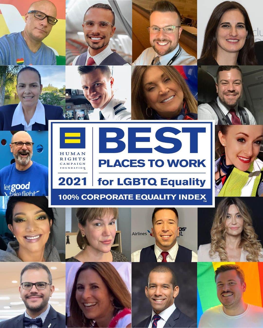 アメリカン航空のインスタグラム：「We are proud to receive a perfect score on the @HumanRightsCampaign Corporate Equality Index, again. Over the last 19 years, we’ve received the top honor for LGBTQ-inclusive workplace policies and practices. Learn more in our newsroom — link in bio.」