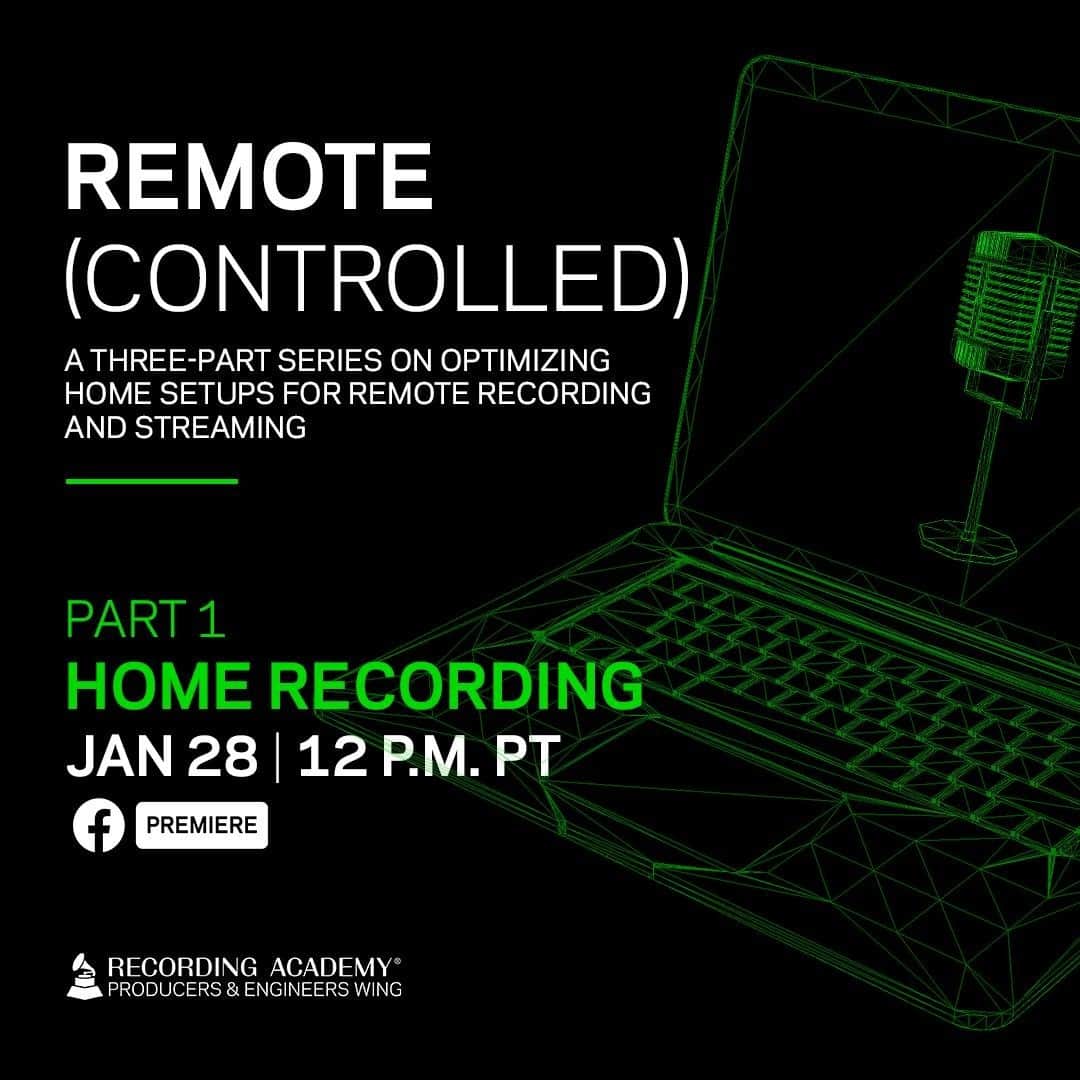 The GRAMMYsさんのインスタグラム写真 - (The GRAMMYsInstagram)「Remote Controlled Part 1 focuses on home recording for the vocalist and acoustic percussionist.   In this segment, we’ll explore the best setup techniques from the artists’ point of view for whom home recording may be a new skillset in quarantine. Each artist is paired with a studio professional to help guide them toward optimizing their home setup.  Tune in today Jan 28 at 12 PM PT on our Facebook Page. 📲」1月29日 1時10分 - recordingacademy