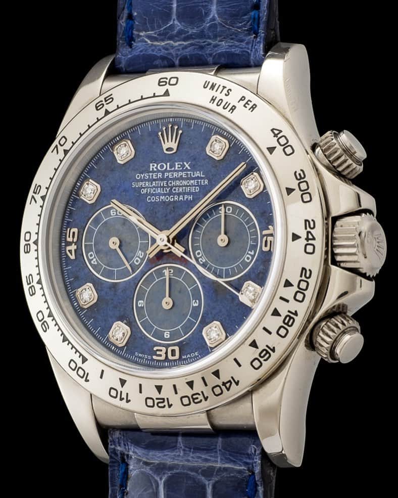 WATCHMANIAのインスタグラム：「18k white gold Rolex Daytona ref #16519, manufactured in 1999 with sodalite hardstone dial.  Powered with the cal. 4030 Zenith movement.  @onlyvintageofficial 📸」