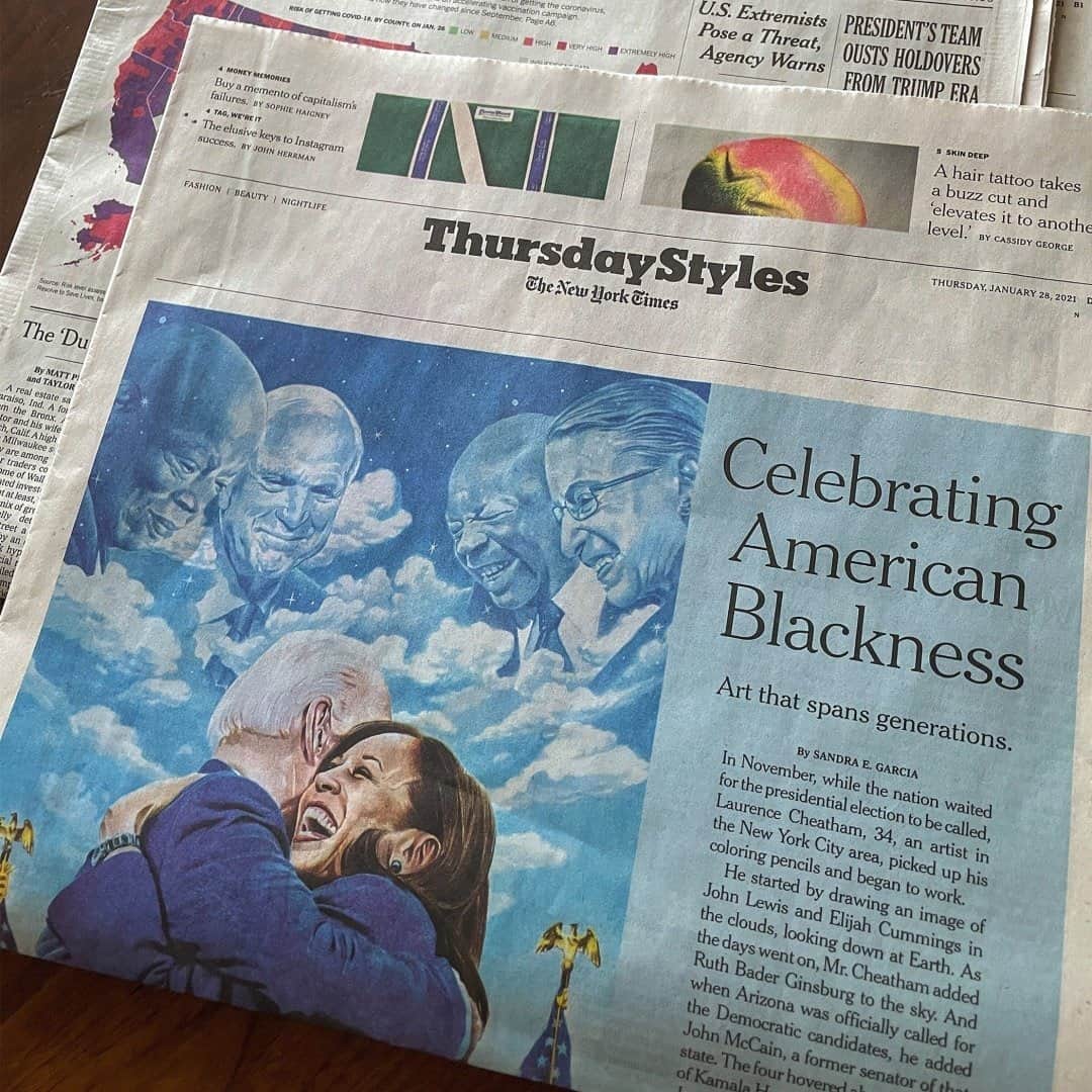 New York Times Fashionのインスタグラム：「Have you seen the images of Malcolm X, Tupac, Biggie, Fannie Lou Hamer in the clouds hanging out while they look down at Kamala Harris? @s_evangelina explained them and took this photo, link in bio. Illustration by @thisissketch.」