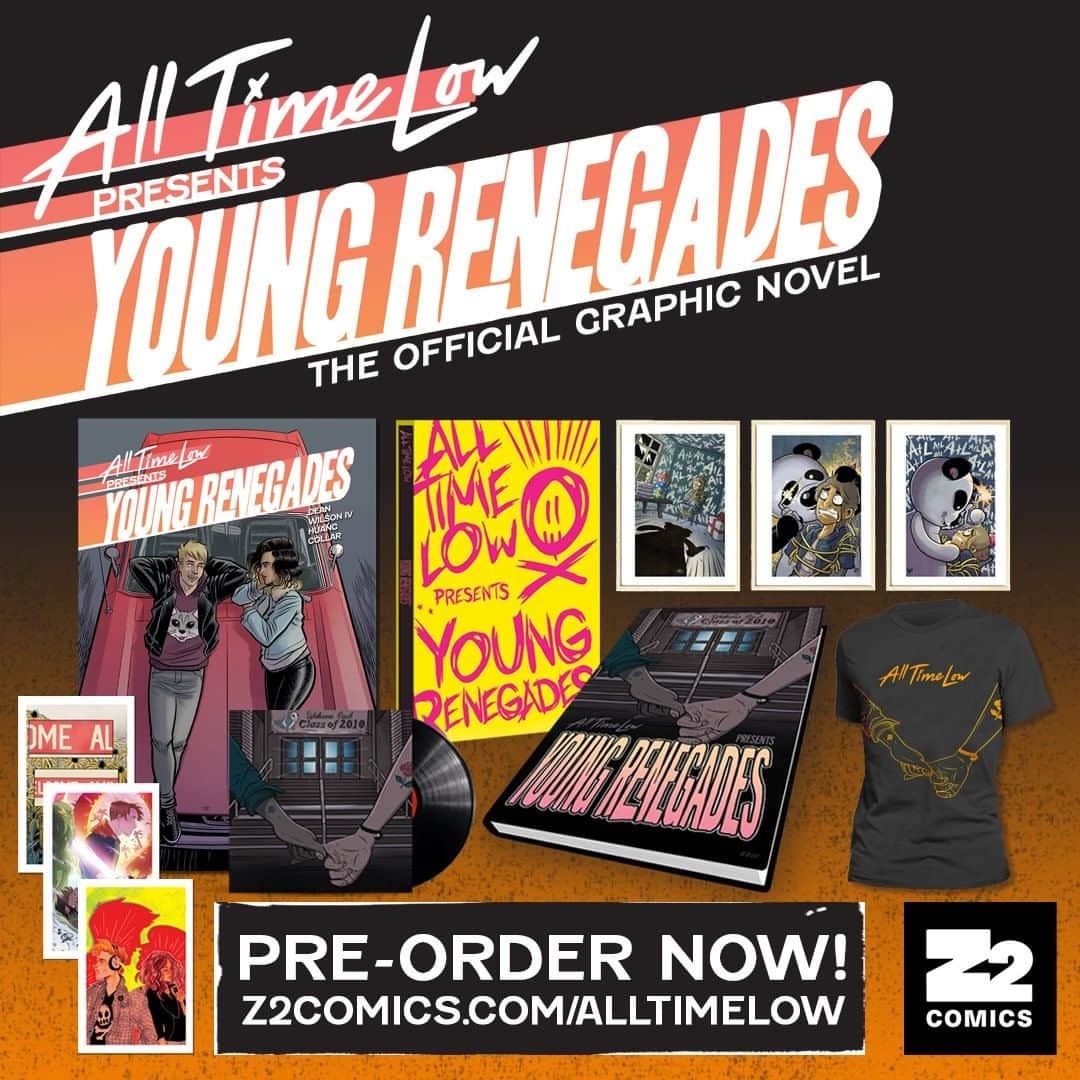 All Time Lowのインスタグラム：「Our hands are tired from all the drawing, but we’re extremely excited to announce the ‘Young Renegades’ official graphic novel, along with a limited edition vinyl LP, exclusive art prints, and more. This is a first for us and we can’t wait for you to read it. Pre-order now at the link in our bio. Also we didn’t draw it.」