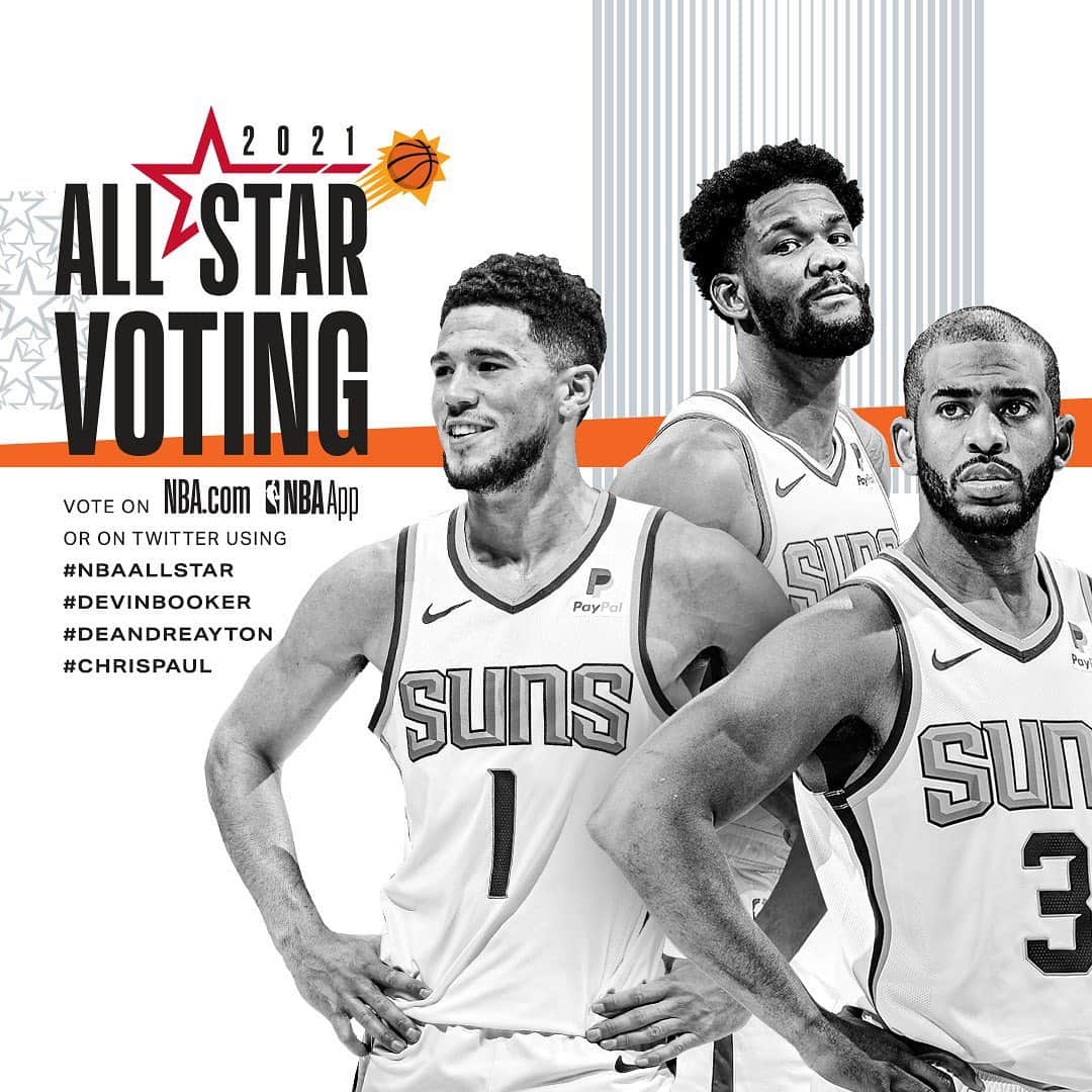 フェニックス・サンズさんのインスタグラム写真 - (フェニックス・サンズInstagram)「⭐ #NBAAllStar voting⭐   Here's how to vote your Suns in:   💻 nba.com/vote  📲 Tweet, RT or reply using #NBAAllStar and hashtag a player's name (#DevinBooker)」1月29日 5時08分 - suns